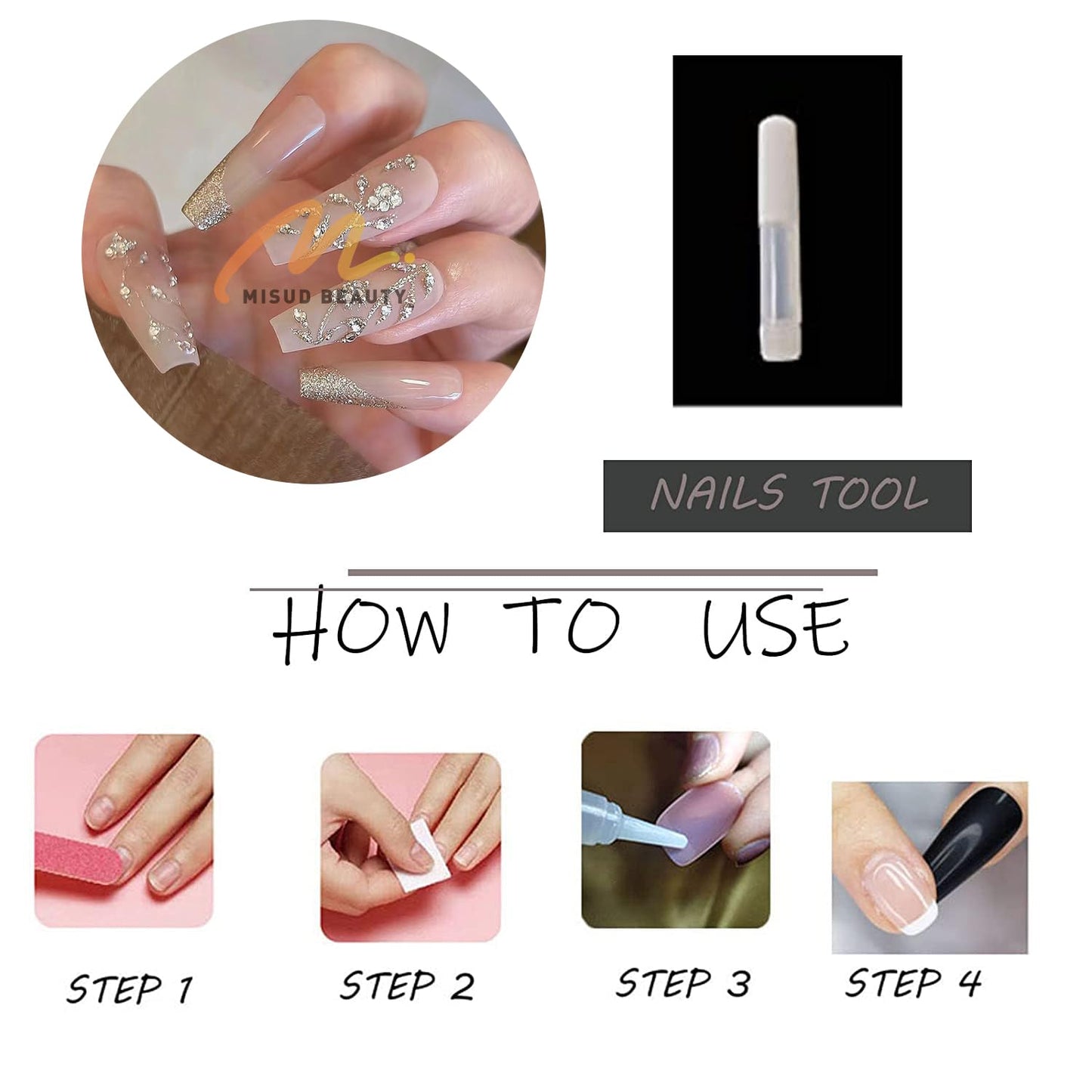 MISUD Press on Nails - Long Coffin Glue on Nails with Bling Glitter Rhinestone, Acrylic Nude Design 24 pcs