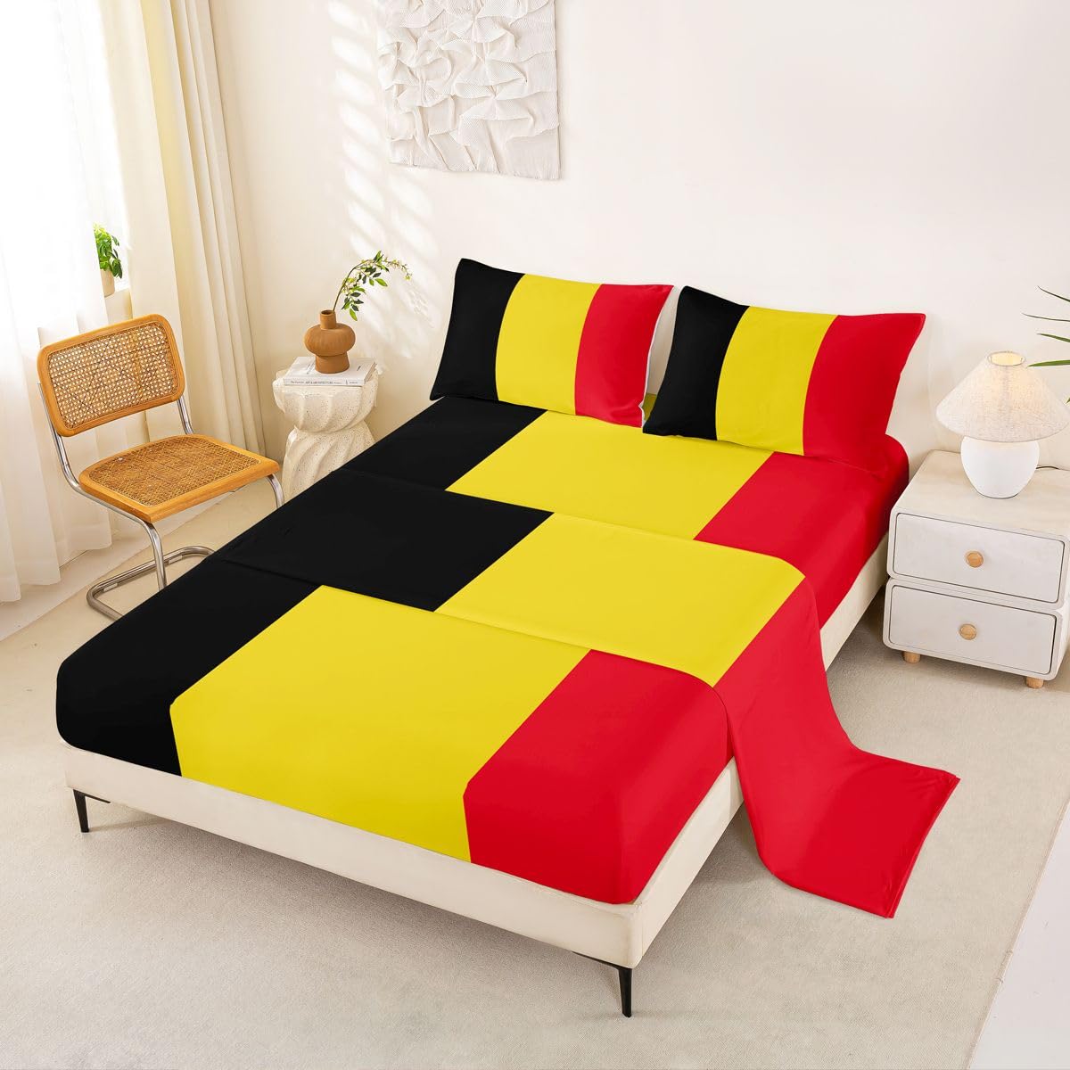 Feelyou Belgian Flag Bed Sheets Set Queen Size Belgium Deep Pocket Fitted Sheet World Countries Bedding Sets International Flag Soft Bed Set 4Pcs with 2 Pillow Cases