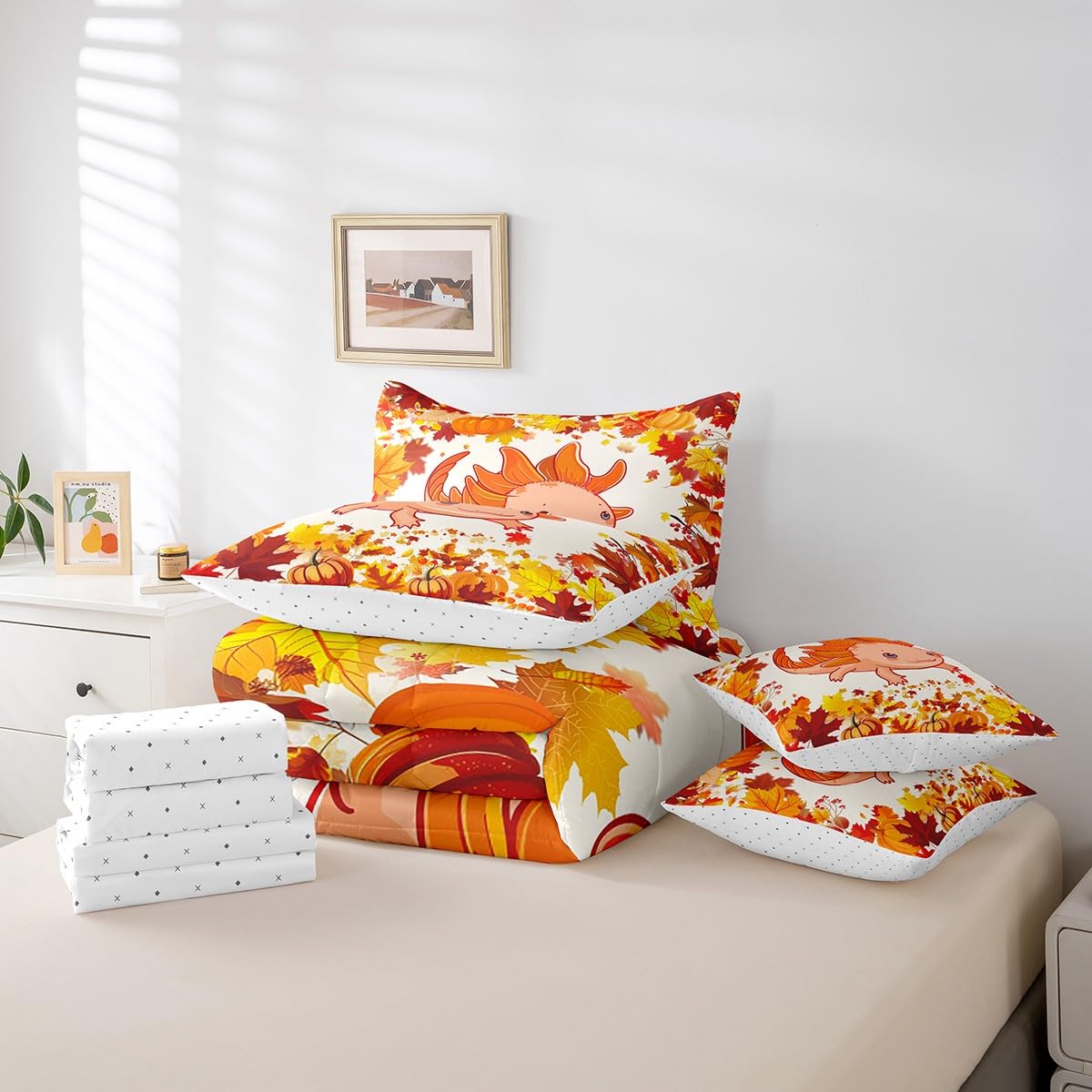 7 Piece Cute Axolotl Bed in a Bag Twin Autumn Harvest Theme Sheet Set Thanksgiving Day Gifts for Boys Girls Kids Fall Bedding Comforter Autumn Pumpkins Maple Leaves Kawaii Salamander Cushion Covers