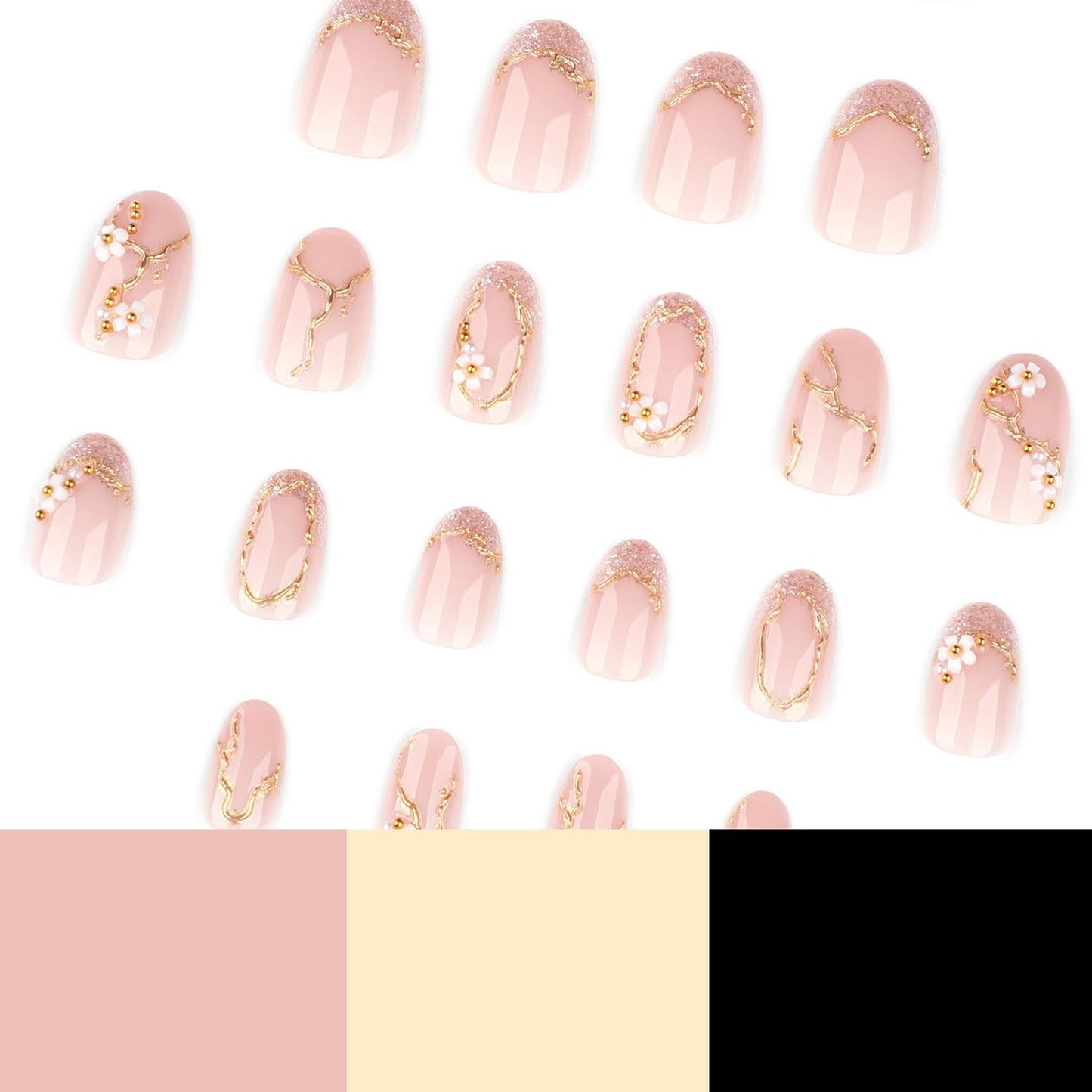 Flower Press On Nails Short Almond Nude Pink Spring False Nails With 3D Flowers Designs Gold French Nails Press Ons Artificial Acrylic Nails Full Cover Glue On Nails Stick On Nails For Women