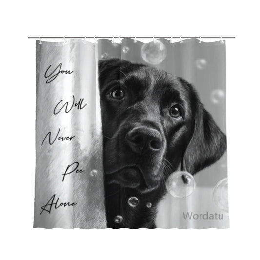 Wordatu Funny Black Labrador Dog Bathroom Shower Curtain 72x72 Inch You Will Never Pee Alone Black White Interesting Polyester Waterproof Decor 12 Hooks