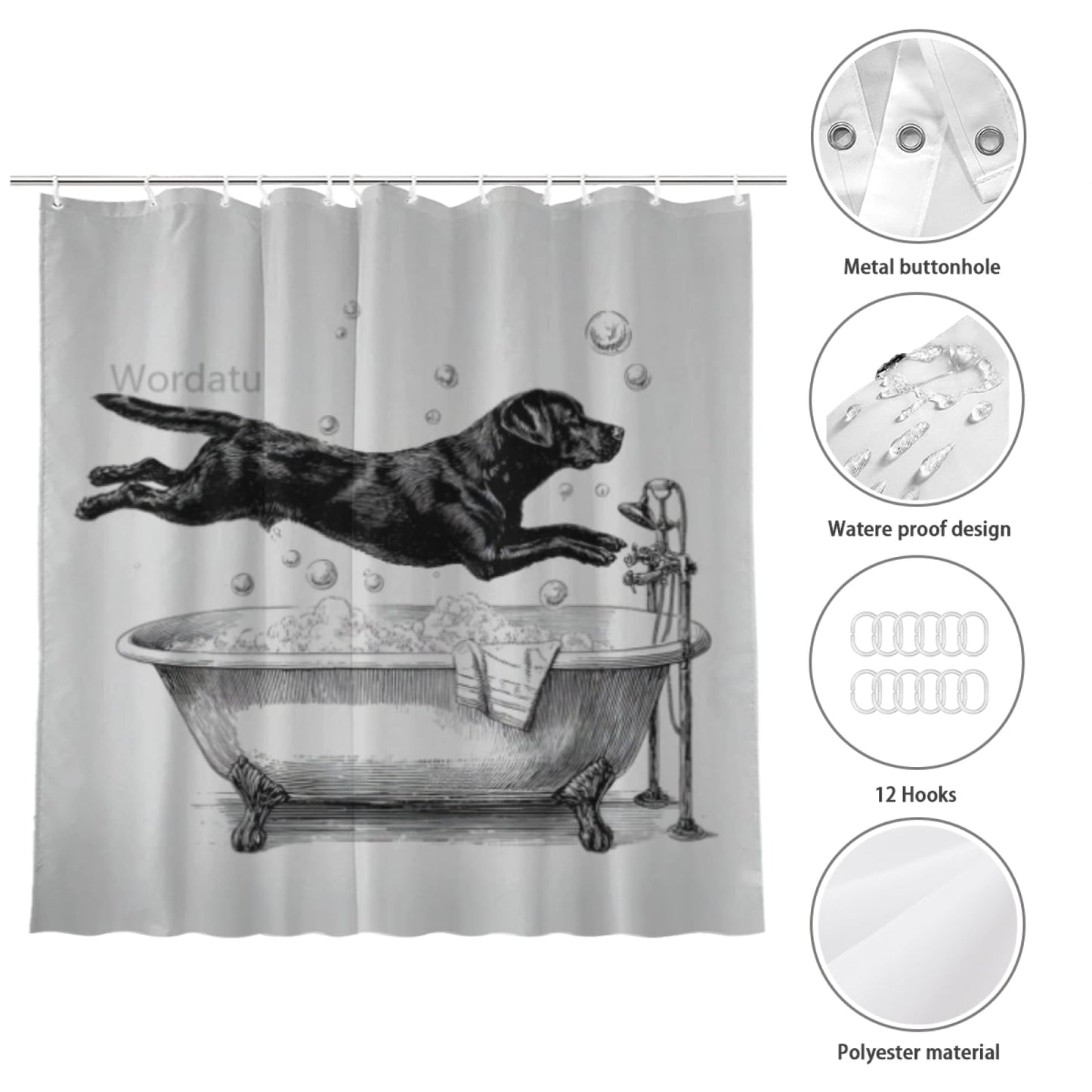 Wordatu Black Labrador Dog Shower Curtain Bathroom Set 72x72 Inches Cartoon Cute Kids Sketch Animal Pet Dogs Lover Bath Accessories Dog Art Home Decor Fabric 12Hooks
