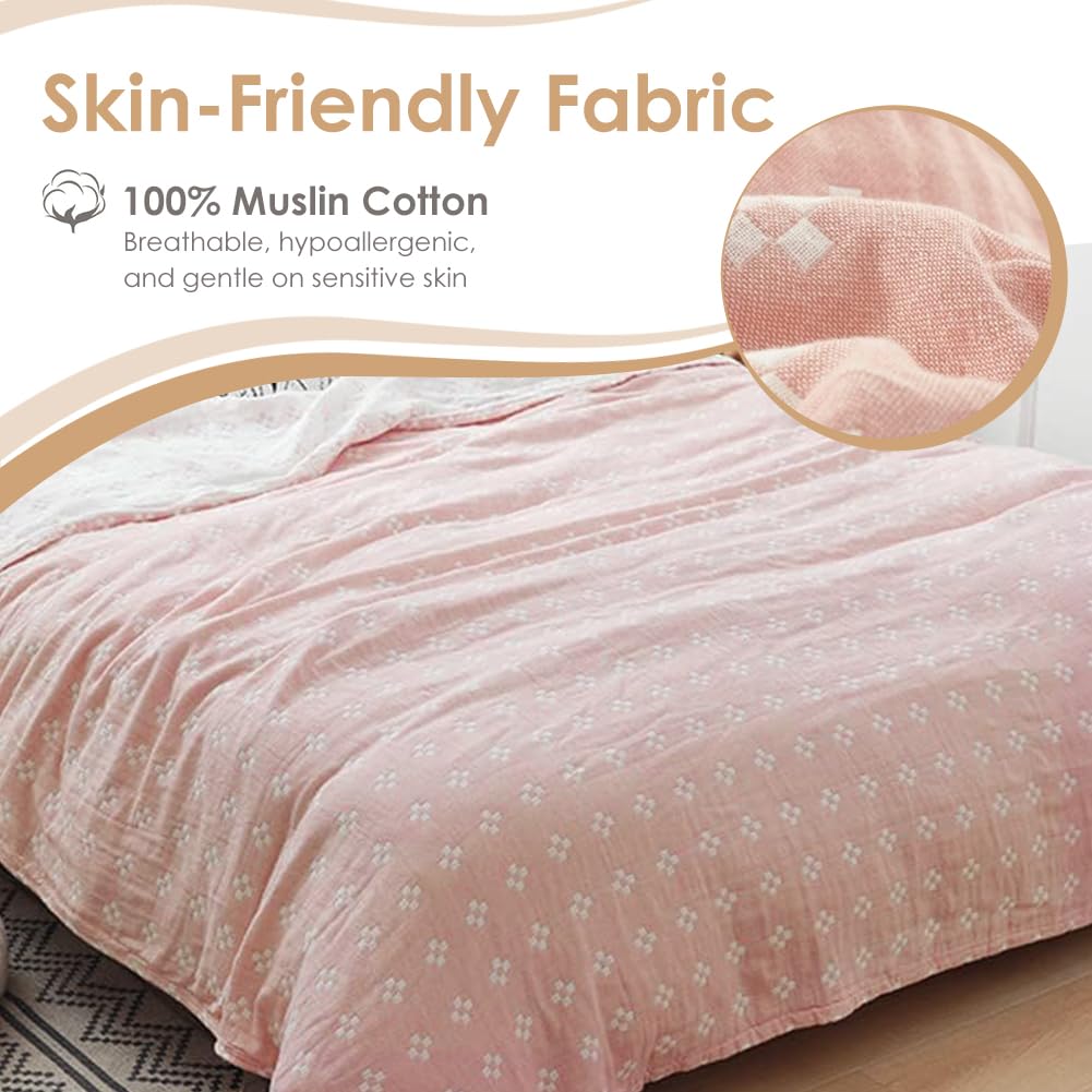 SHSYCER 2 Layer Cozy Lightweight Muslin 100% Cotton Blanket for Bed, Couch & Sofa, Summer Bedding Coverlet with Pattern,Pink,Twin 59''x78''
