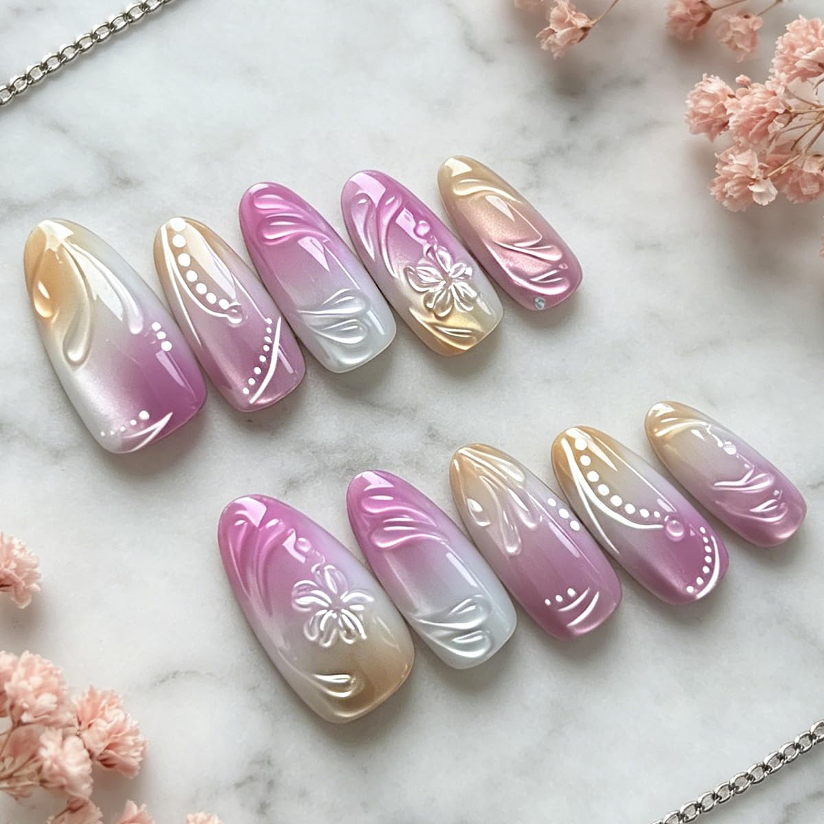 3D Press On Nails Almond Medium Light Pink Fake Nails with Cat's Eye Glossy Embossed Floral Vines High-end Designs, Acrylic Artificial Nail Press ons False Stick On Nails for Women Girls 30Pcs