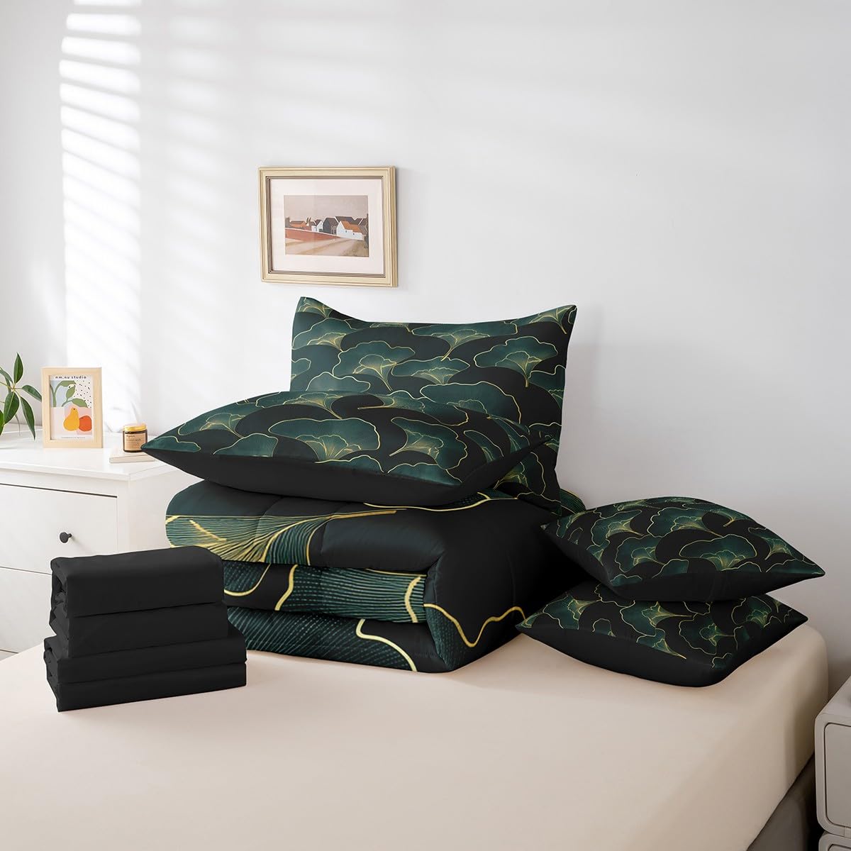 Erosebridal Ginkgo Leaves Comforter Set 7 Piece Bed in a Bag Twin,Golden Ginkgo Biloba Leaf Bedding Sets Botanical Sheet Set with Comforter,Jungle Plant Ginkgo Folium Bed Set