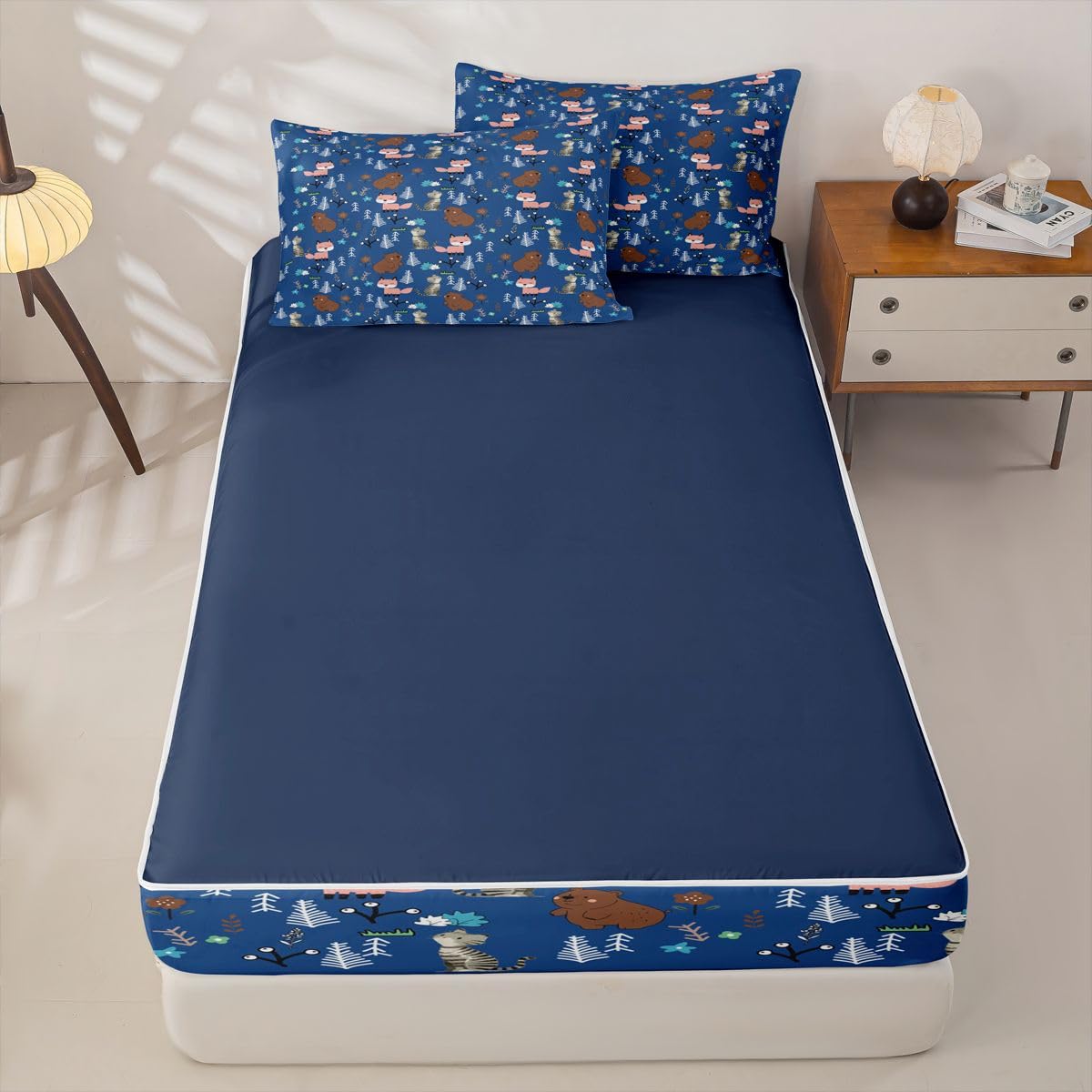 Erosebridal Boys Blue Bear Kids Zipper Bedding Set Twin Cartoon Animal Zip Up Comforter Set with Sheets for Child Nursery Fox and Cat Wild Animals Bed in a Bag Woodland Animals Wildlife Bed Sets