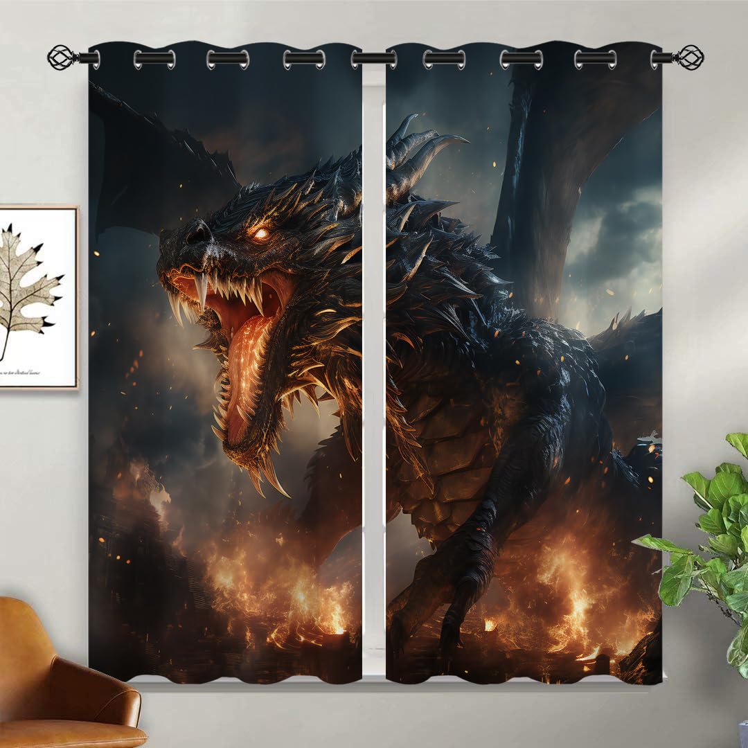 Magic Dragon Blackout Curtains for Girls Boy Home Decor, Mythical Fantasy Animals Scary Fire Dragon Grommet Thermal Insulated Drapes Darkening Window Curtain for Bedroom Living Room, 42 x 45 Inch