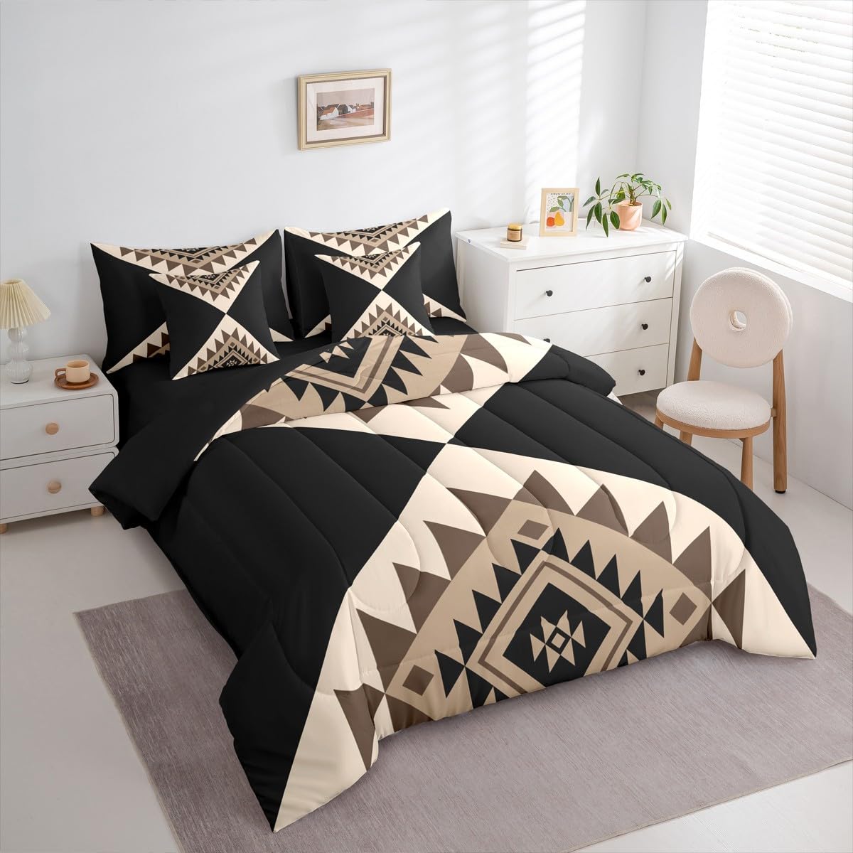 Erosebridal Black Beige Abstract King 7-Piece Bedding Set for Adult Women Men Modern Boho Western Aztec Comforter Set Geometric Stripes Bed in a Bag Stylish Art Southwestern Bed Collections