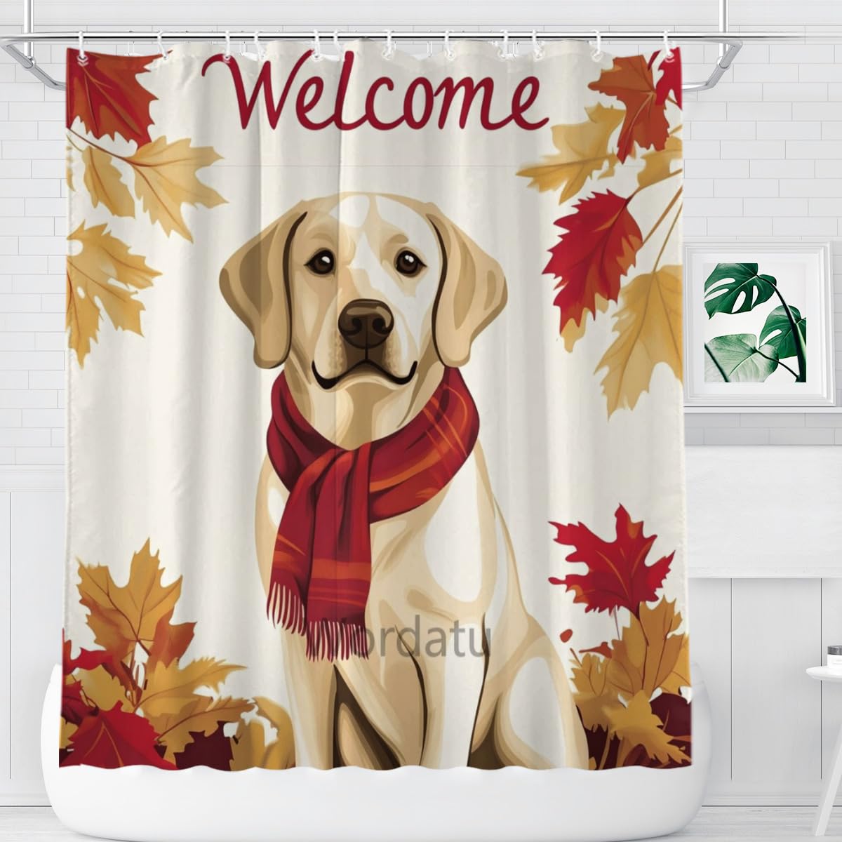 Wordatu Fall Shower Curtain Labrador Retriever Under Maple Leaves Harvest Thanksgiving Bathroom Decor 72x72 Inch Polyester Fabric Waterproof Bath Curtain with 12 Hooks