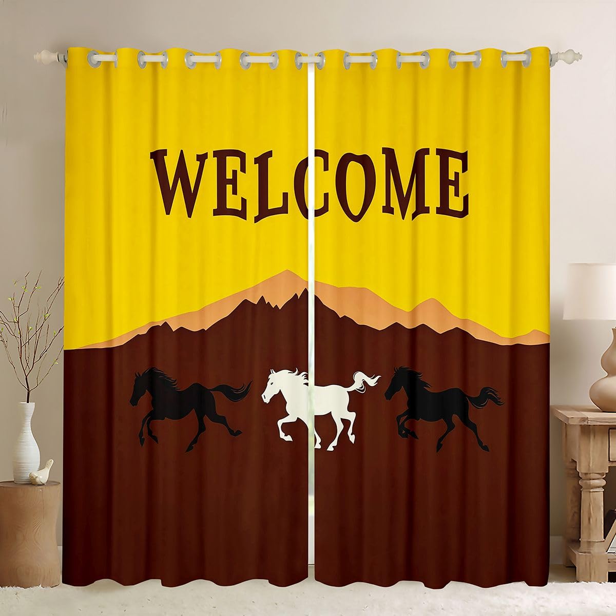 Feelyou Horse Curtains for Bedroom Living Room Galloping Horse Blackout Darkening Drapes Cute Animal Decor Window Treatments, 2 Panels 38 x 54 Inch Kawaii Room Decor Yellow Brown Black