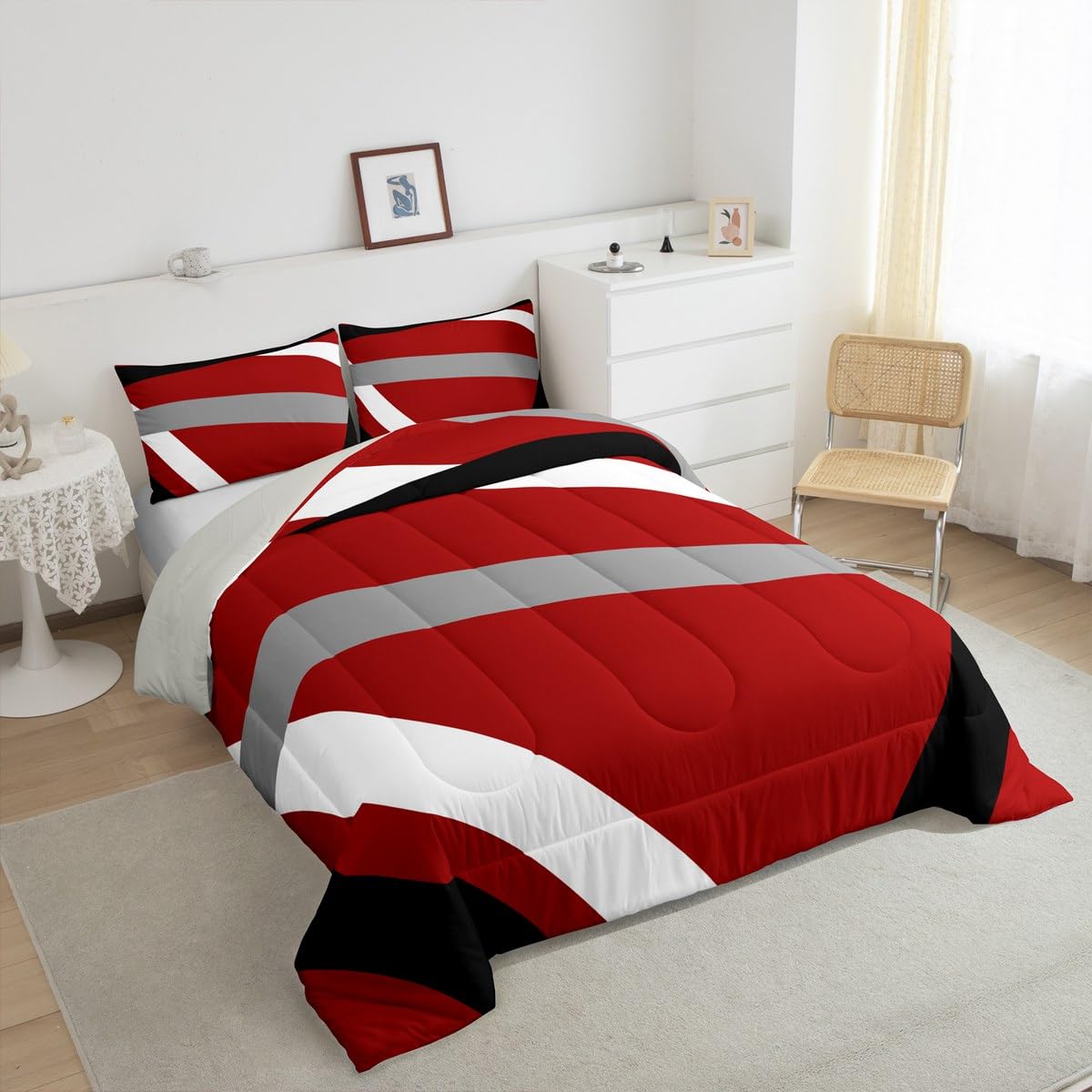 Erosebridal Red Gray Black Striped Queen Comforter Set for Adult Women Men Modern Abstract Bedding Set Geometric Lines Bed Set Aesthetic Boho Quilt Set