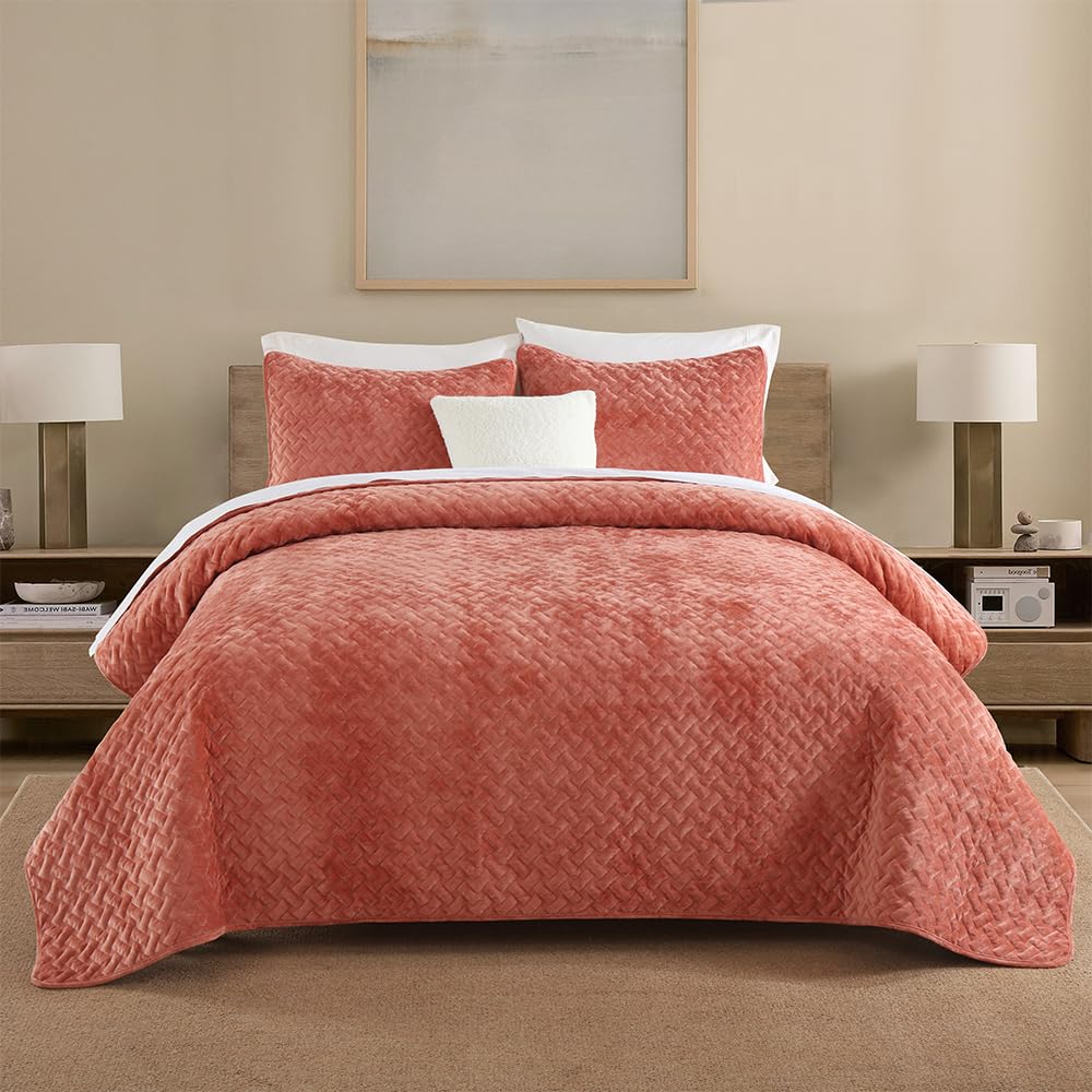 Liians Velvet Bedspread Quilt Bedding Sets,Luxury Elegant Ultra Soft Velvet Comforters Coverlet Blankets,Weave Stitching Pattern Cotton Quilted Bedspread for All Seasons,Orange,King Size