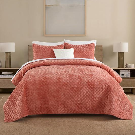 Liians Velvet Bedspread Quilt Bedding Sets,Luxury Elegant Ultra Soft Velvet Comforters Coverlet Blankets,Weave Stitching Pattern Cotton Quilted Bedspread for All Seasons,Orange,King Size