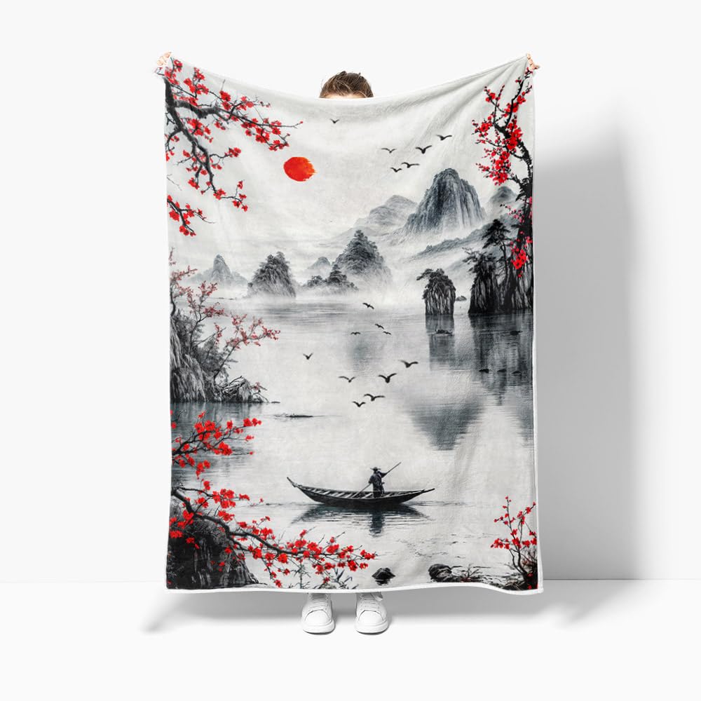 DYNH Japanese Cherry Blossom Blanket, Asian Nature Landscape Throw Blanket, Mountain Cherry Branches Red Sun Ink Painting Soft Warm Flannel Black White Grey Blanket,50X60