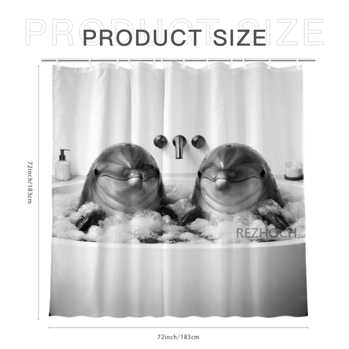 REZHOCH Modern Minimalist Funny Dolphin Shower Curtain 72x72 Inch, Luxury Black and White Cute Animals in Bathtub Bubbles Bathroom Decor,Waterproof Fabric Bath Set with Hooks