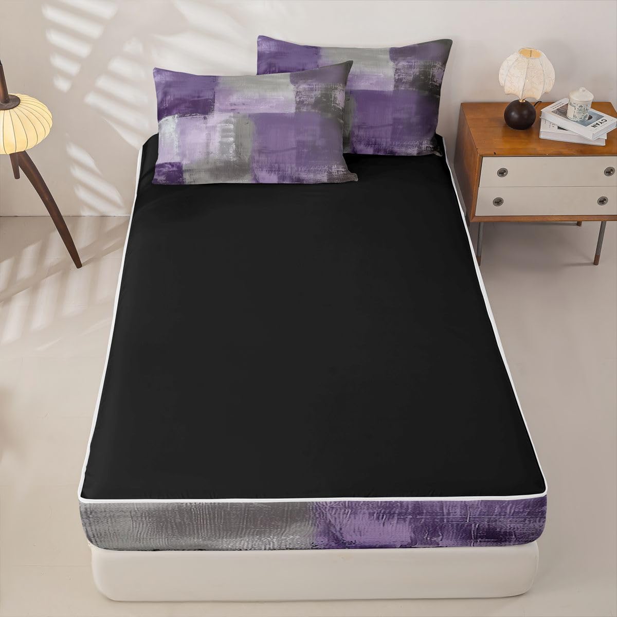 jejeloiu Abstract Zipper Bedding Twin Purple Gray Bedding Sets for Kids Boys Girls Modern Art Comforter Set with Fitted Sheet 2 Pillowcases One Zipper Bed Set for All Seasons
