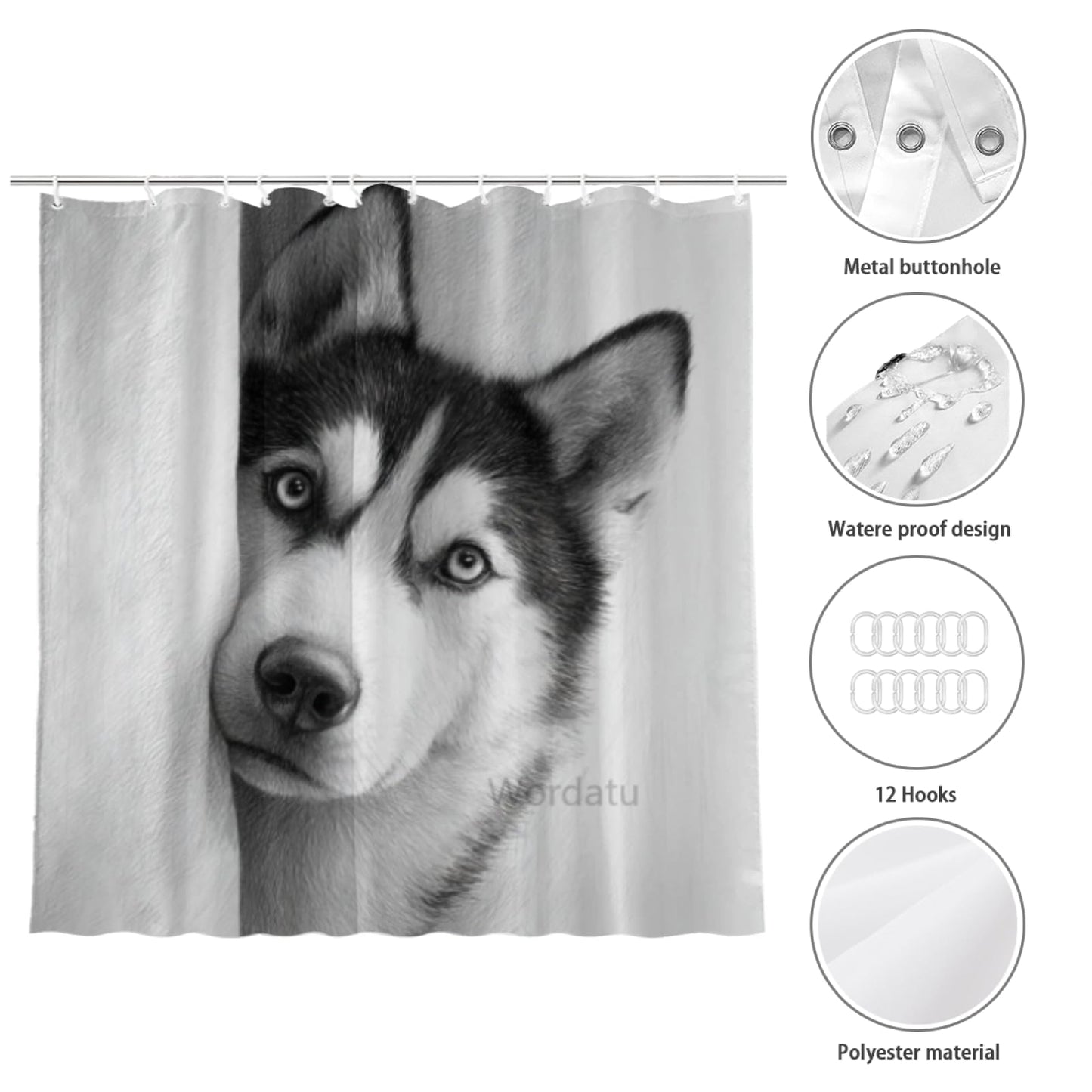 Wordatu Husky Shower Curtain Bathroom Set 72x72 Inches Taking a Bubble Bath Animal Bath Animal Pet Dog Art Home Decor 12 Hooks