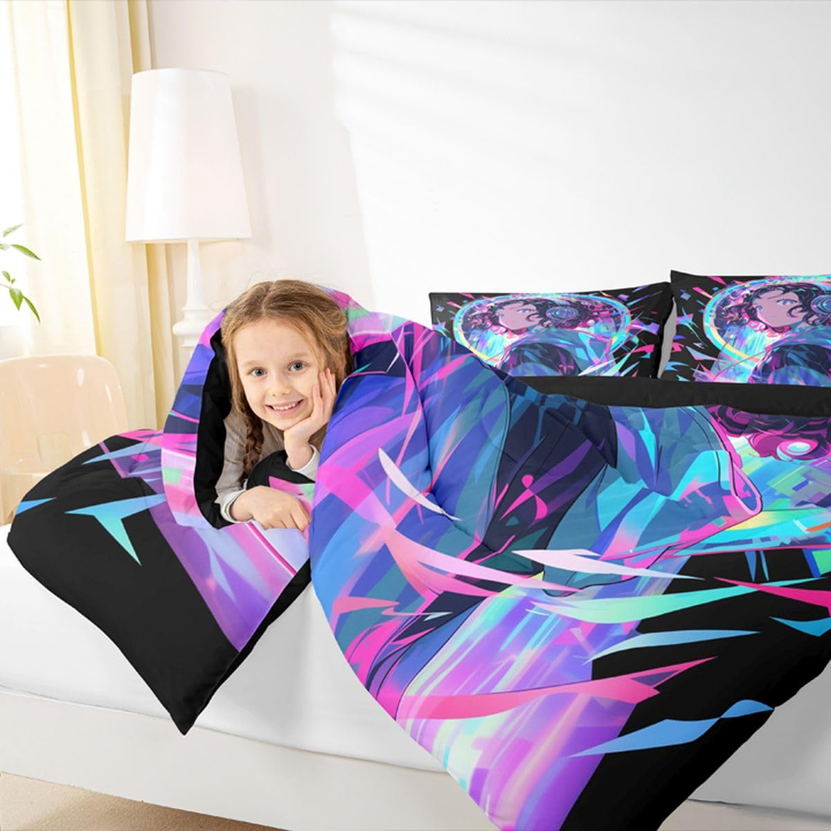 Erosebridal 3D Anime Girl Bedding Comforter Sets American Street Culture Comforter Set Full for Teens Youth Girls Watercolor Graffiti Style Bedding Galaxy Stars Print Duvet Set with 2 Pillow Cases