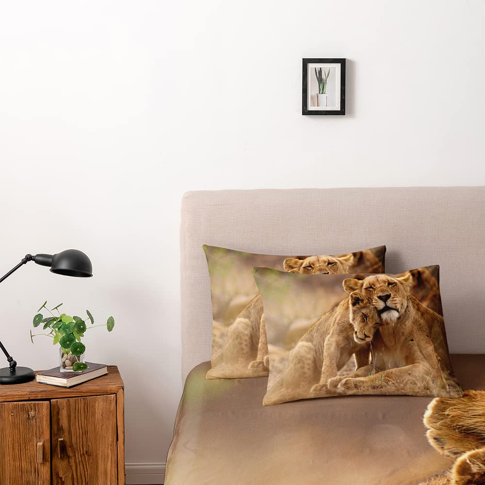 Holiyjog Animal Lions Pattern Duvet Cover Set King Size Wild Lion Comforter Covers and Pilliw Shams Camel Color Bedding Sets Romantic Jungle Theme Bedroom Deco Gift