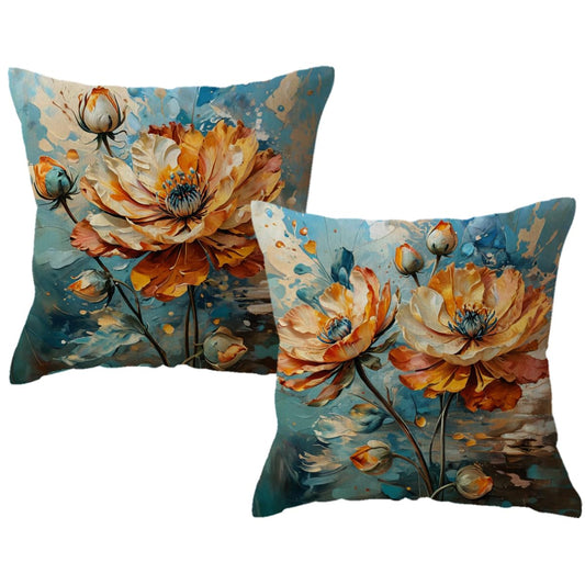 2Pack Flowers Decorative Pillow Covers Modern Orange Poppy Design Cushion Covers Oil Painting Pretty Floral Pillowcases 18 x 18 Inch Farmhouse Spring Summer Decorations (Orange/Blue)