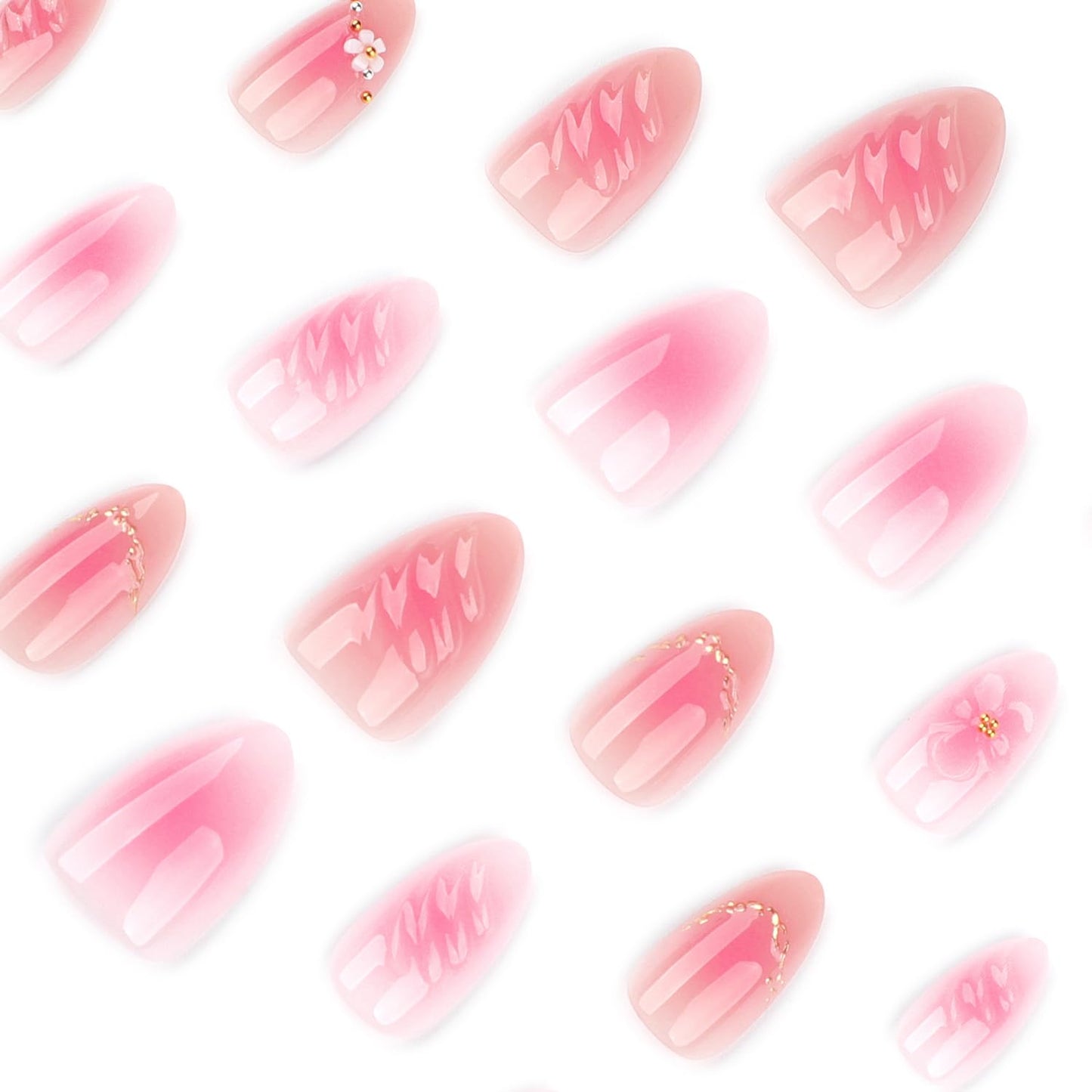 Spring Press On Nails Short Almond Fake Nails Pink 3D Flowers False Nails With Pearl Designs Acrylic Nails Press Ons Full Cover Glue On Nails Summer Glossy Stick On Nails For Women Manicure