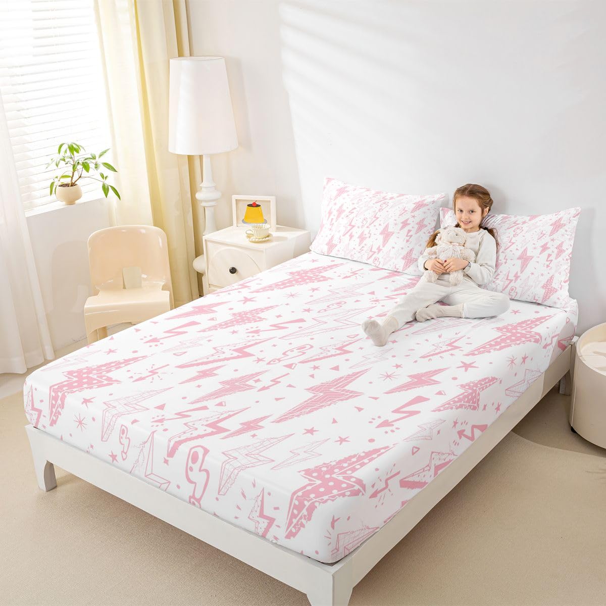 Castle Fairy Pink Lightning Fitted Sheet Queen Size (No Flat),Stars Dot Bedding Sets 3Pcs,Girls Boys Adult Room Decor,Plaid Lightning Bed Cover Princess Dreamy Deep Pocket Sheet,2 Pillowcases