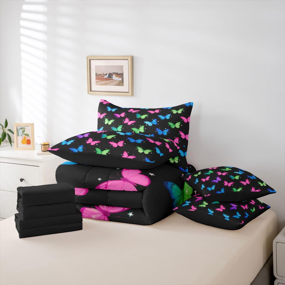 Erosebridal Neon Butterfly Print 7 Piece Bedding Set Twin Watercolor Butterflies Kawaii Comforter Set with Sheets Colorful Animals Print Bed in a Bag Vibrant Star Motif Bed Sets Comforter