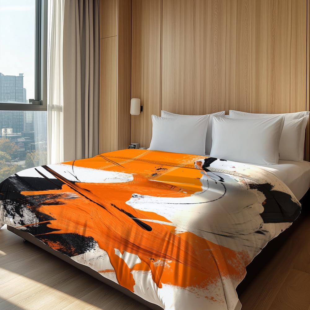 HUNXIAOJ Abstract Throw Blanket Orange and Black Flannel Blanket Abstract Orange Bedding Warm Soft Flannel for Bed Sofa Couch (59in x 70in)