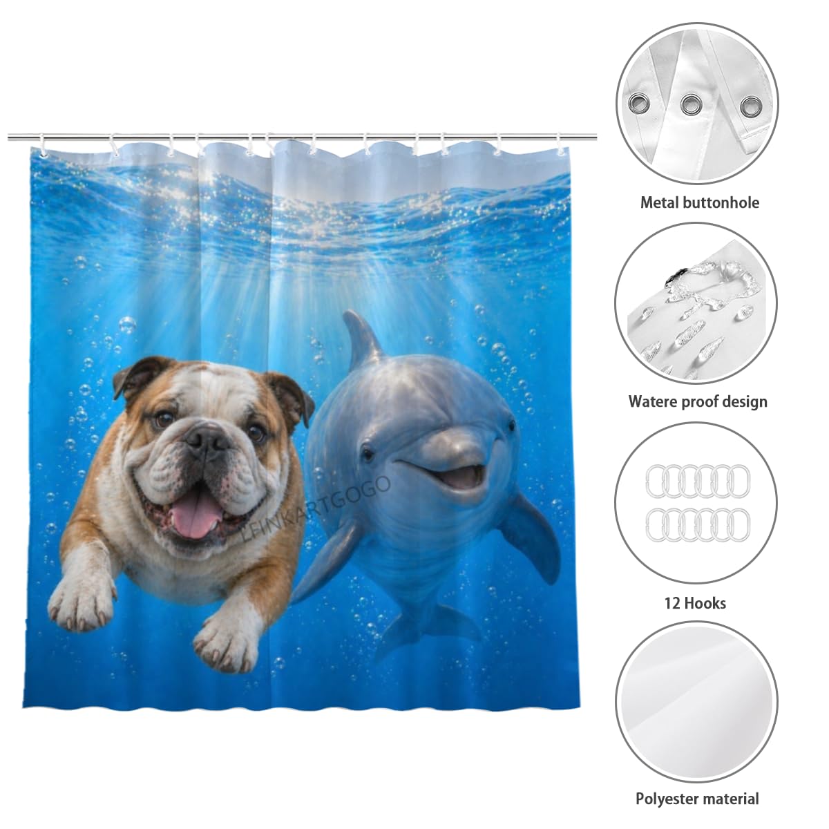 LFINKARTGOGO Ocean Bulldog Shower Curtain 72x72 with 12 Hooks Underwater Animal Dolphin Waterproof Washable Polyester Bath Curtain for Home Hotel Decor