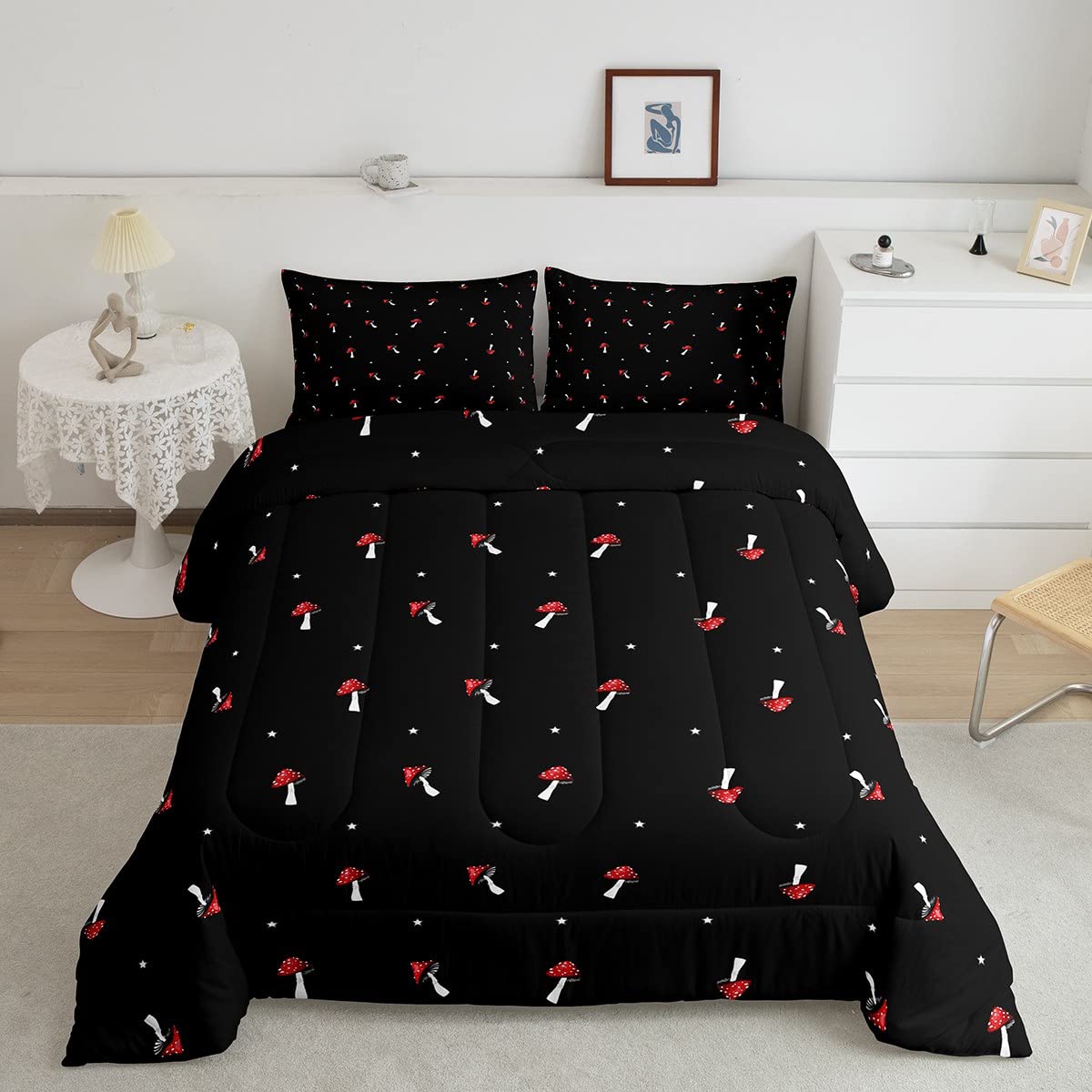 Cute Mushroom Kawaii Comforter Set Queen Kid Cartoon Bedding Set Red Mushroom Duvet Set Farmhouse Botanical Reversible Quilt Set Lovely Natural Wild Plants Comforter Set For Bedroom Decor, Black