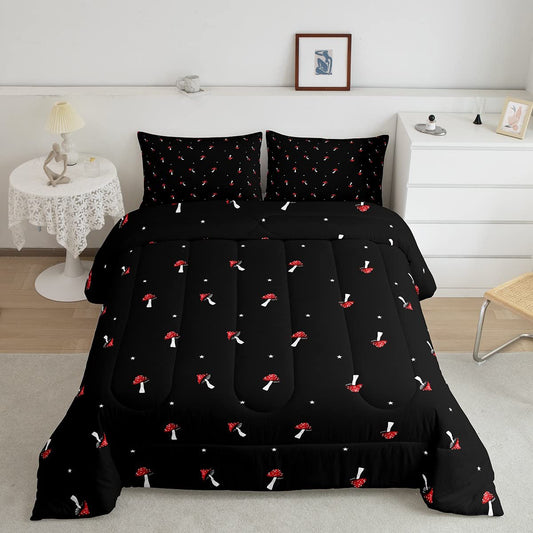 Cute Mushroom Kawaii Comforter Set Queen Kid Cartoon Bedding Set Red Mushroom Duvet Set Farmhouse Botanical Reversible Quilt Set Lovely Natural Wild Plants Comforter Set For Bedroom Decor, Black