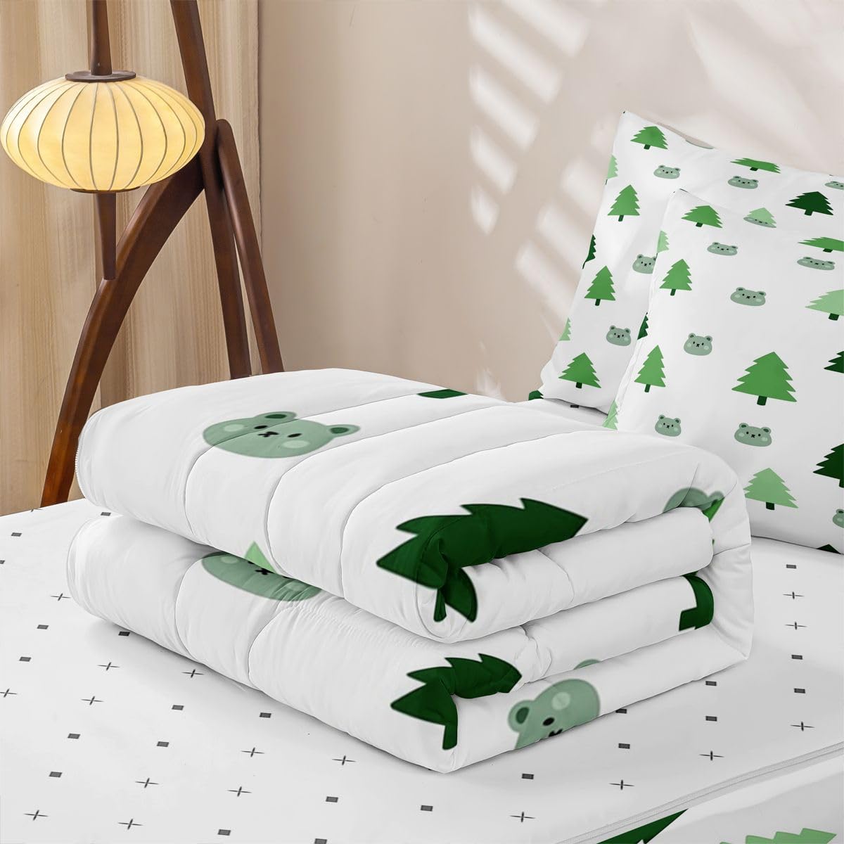 jejeloiu Cute Bear Zipper Bedding Cartton Tree Comforter Set for Kids Boys Girls Twin Size Green White Zippered Kids Bedding Set Ultra Soft Cute Wild Animal Bed in a Bag