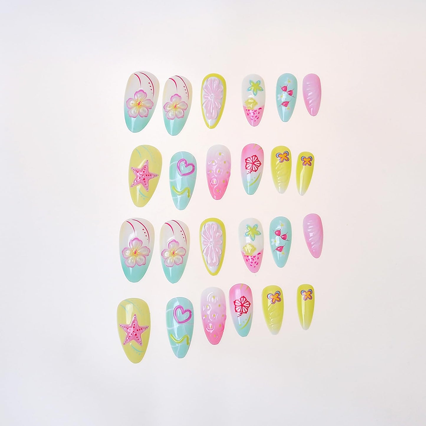 24Pcs Summer Colorful Press on Nails Medium Almond Fake Nails 3D Cute Flower Fruit with Pearl Design,Beach Starfish False Nails Full Cover Glue on Nails Artificial Acrylic Nails Handmade DIY for Women