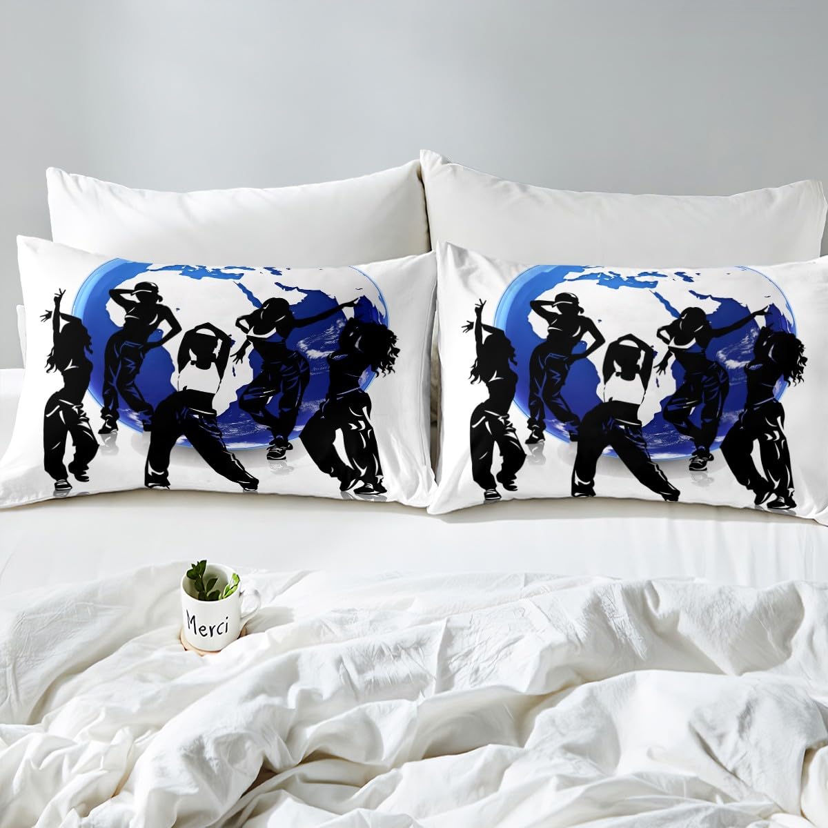 Manfei Hip-hop Sheet Set Dancing People Silhouettes Print Fitted Sheet Musical Theme Bedding Set 2pcs for Kids Boys Soft Polyester Bed Sheets (1 Fitted Sheet + 1 Pillow Case) Twin Size