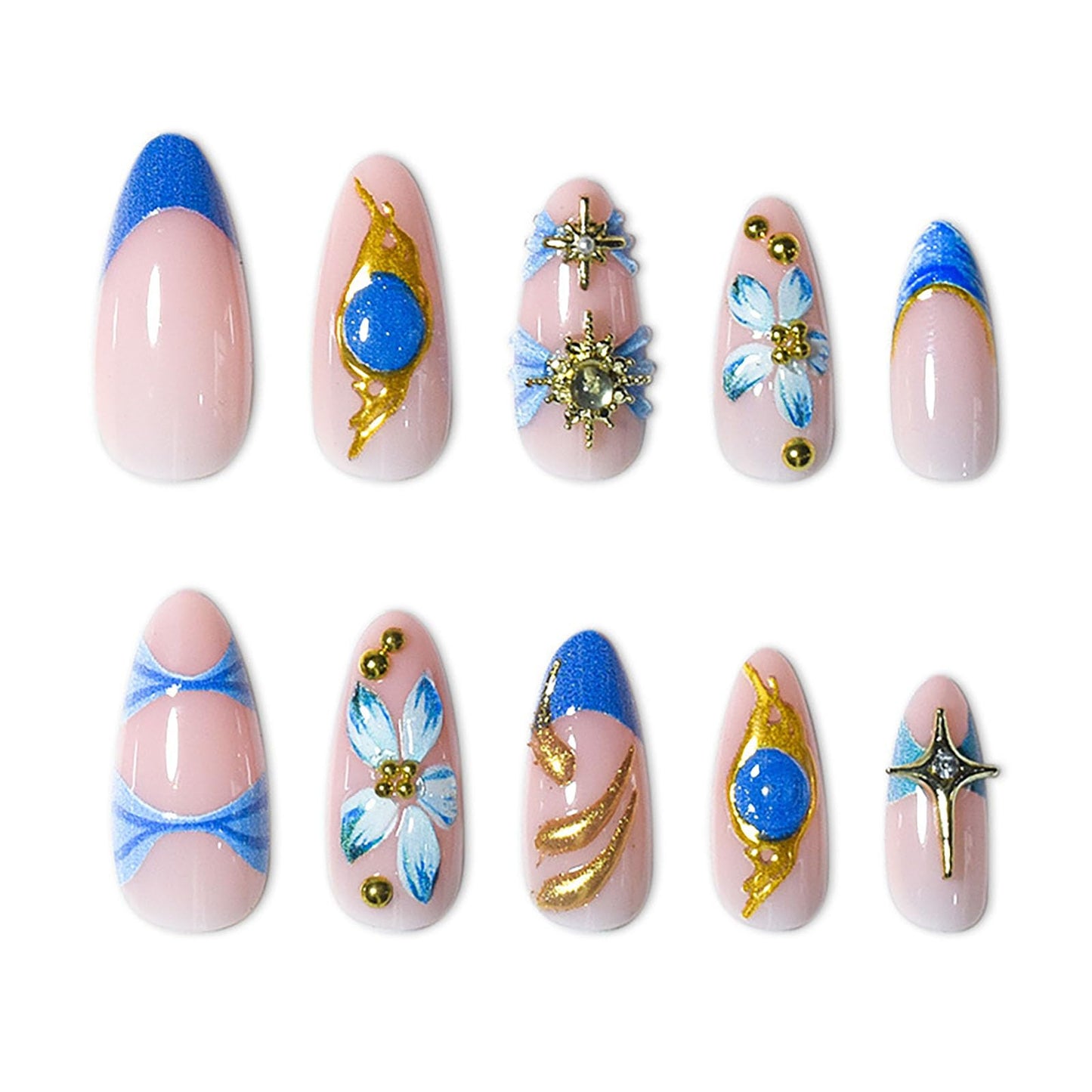 RUOKEXIN Almond Press on Nails French Tip Fake Nails Medium False Nails with Gold Charm Designs Acrylic Nail Press ons Sparkly Artificial Nails for Women 24Pcs