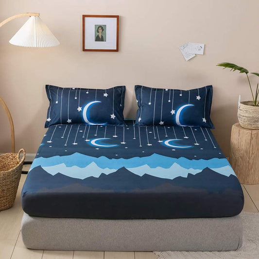 Kids Bedding Set Moon Twinkle Stars Bed Sheet Set for Boys Girls Bedroom Decor Twin Size Microfiber Soft Mountain Night Fitted Sheet Dark Blue Bed Cover with 1 Pillow Case, Flat Sheet not Included