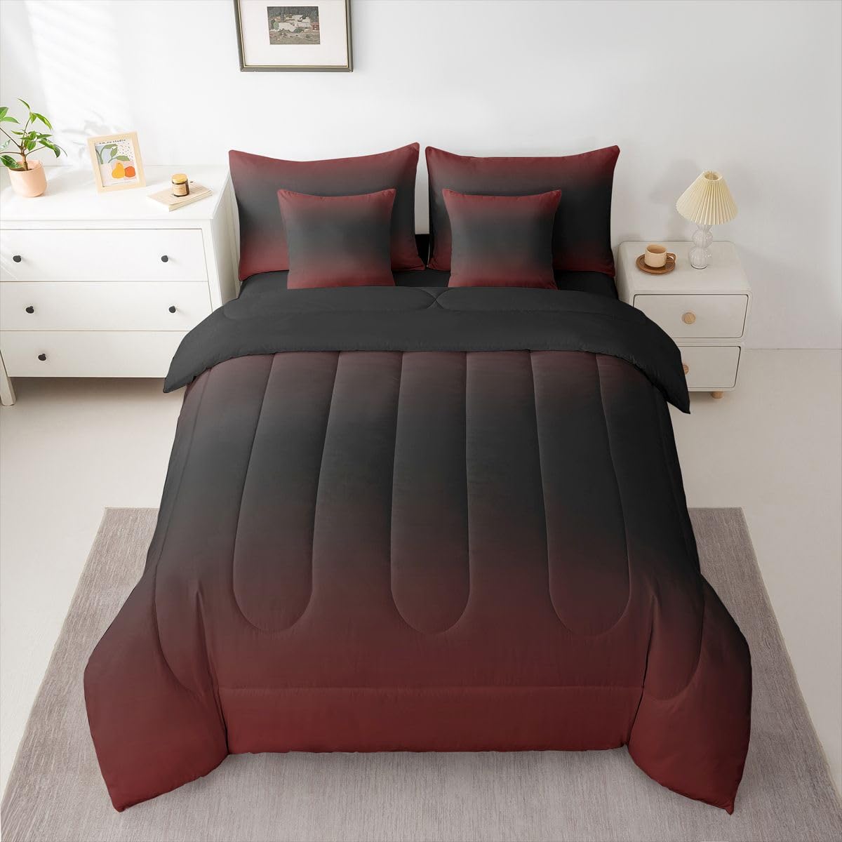 Erosebridal Red and Black 7 Piece Comforter Set Twin Bed in A Bag Ombre Bedding Set for Girls Women Abstract Gradient Sheet Set with Comforter Contemporary Art Duvet Insert