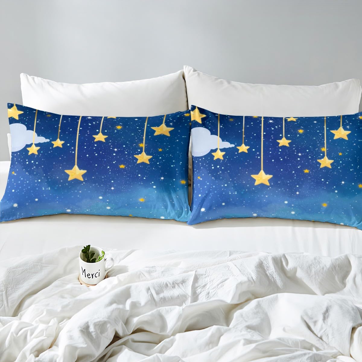 Galaxy Kids Fitted Sheet Full Size,Moon Night Starry Sky Romantic Bedding Set,Boys Girls Room Decor,Sparkling Sequins Print Bed Cover,Blue Yellow Bed Sheet,2 Pillowcases