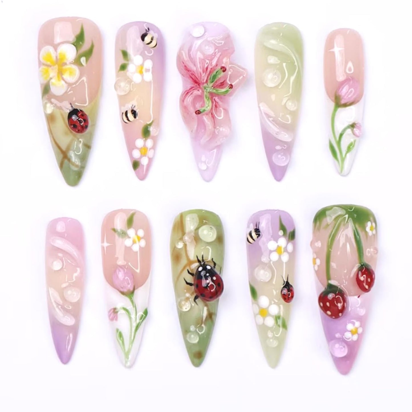 24Pcs Summer Flower Press on Nails Medium Kit Colorful - 3D Ladybug, Strawberry Flower, French Almond-Shaped False Nails Spring Summer Nail Art Handmade Stick on Nails for Women