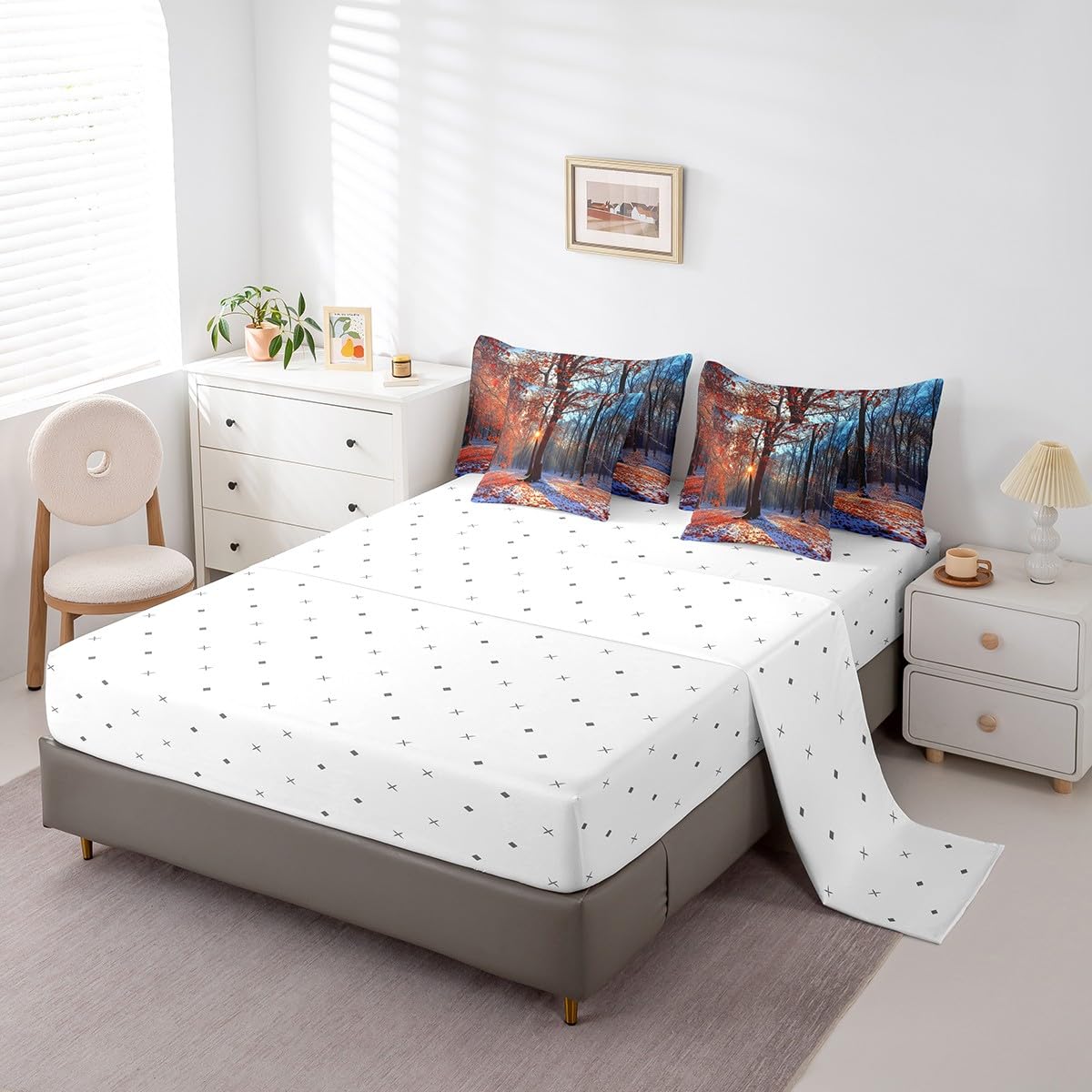 jejeloiu Maple Comforter Set 7 Pieces Full Size Kids Maple Tree Winter Bed in a Bag for Boys Girls Nature Bedding Set Snow,Comforter + Sheets + Pillowcases + Cushion Covers