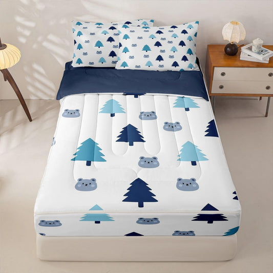 jejeloiu Cute Bear Comforter Set Twin Size Zipper Bedding Set for Girls Boys Tree Pattern Comforter with Fitted Sheet, Pillowcases Blue White Zipper Bedding Soft Breathable Wild Animal Bed in a Bag