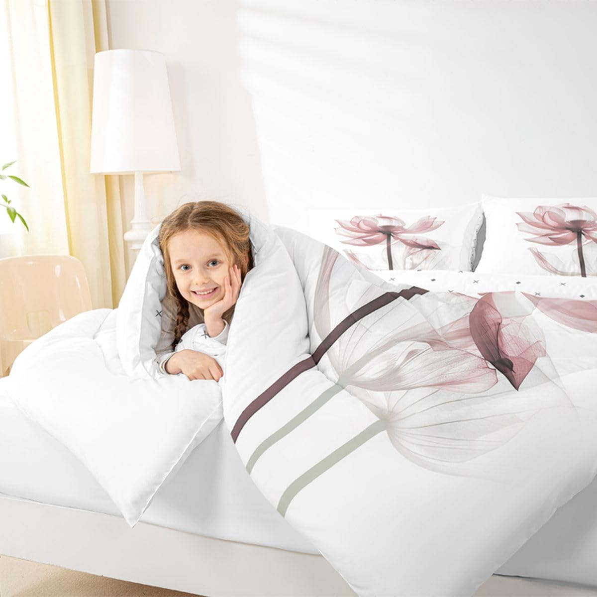 jejeloiu Abstract Floral Comforter Set All Season Modern Art Bedding Set with 1 Pillow Cases Pink Flower Microfiber Kids Toddler Bedclothes Bedroom Decor Duvet Quilt Breathable Soft Lightweight