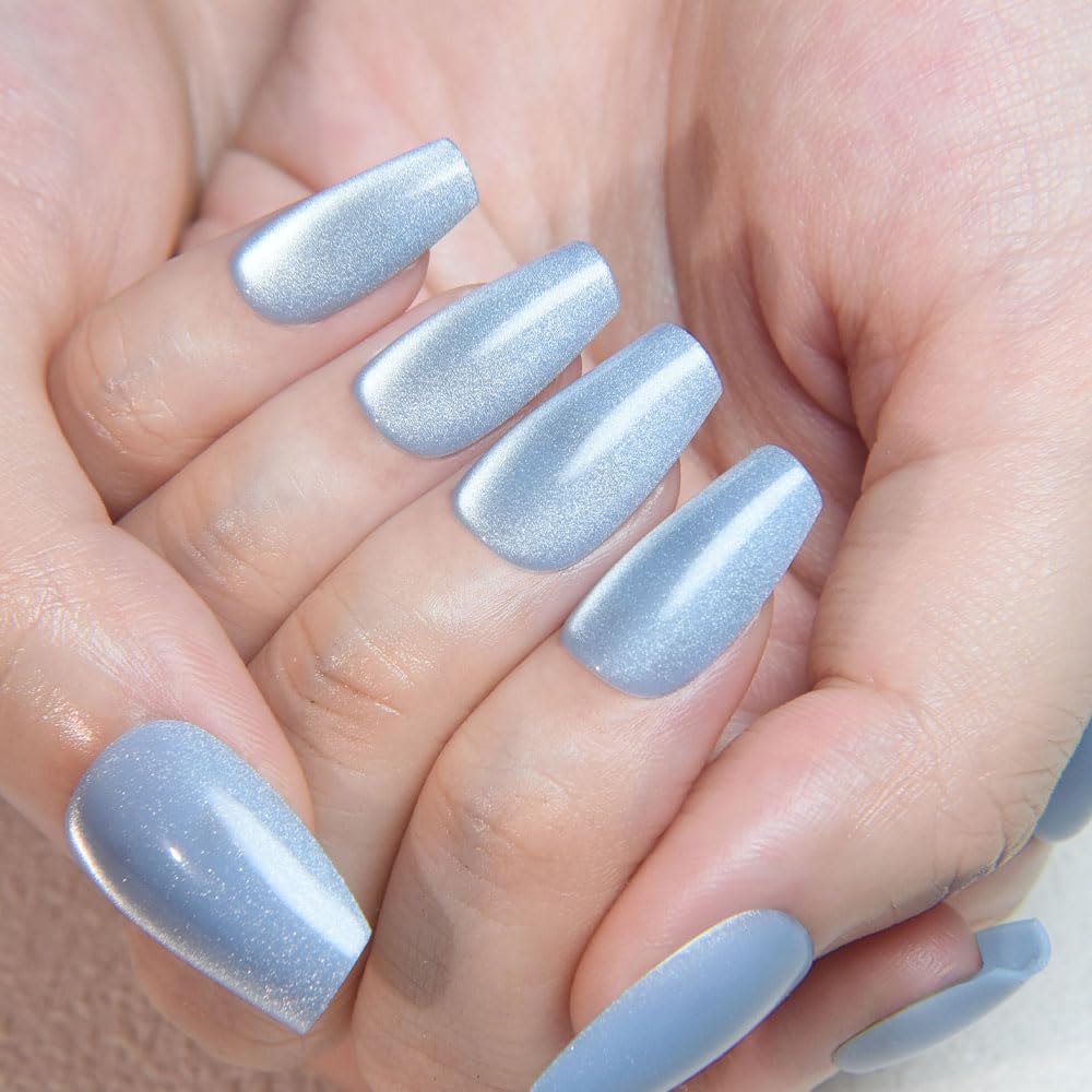 evpct Light Blue Cat Eye Coffin Press on Nails Medium Square No Glue, Medium Square Stick on Nail for Women, Light Blue Metallic Glitter Glossy Reusable Summer Soft Press on Acrylic Nail with Designs