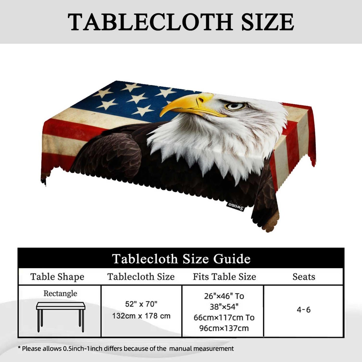 Swono Tablecloth 52"X70" Bald Eagle, Bird Bald Eagle On Grunge American Flag Rectangle Table Cover Anti-Oil Tablecloth for Dining Tables, Parties, Wedding and Banquet Decoration