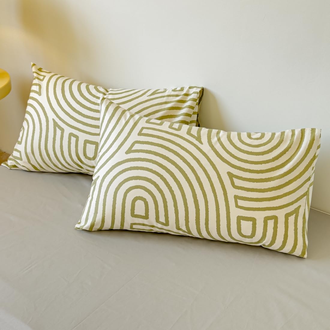 LIWHENHAO Abstract Duvet Cover Set Queen 100% Cotton Bedding Yellow Green Curve on White 1 Striped Geometric Comforter Cover Full 2 Pillowcases for Kids Girls Boys Woman