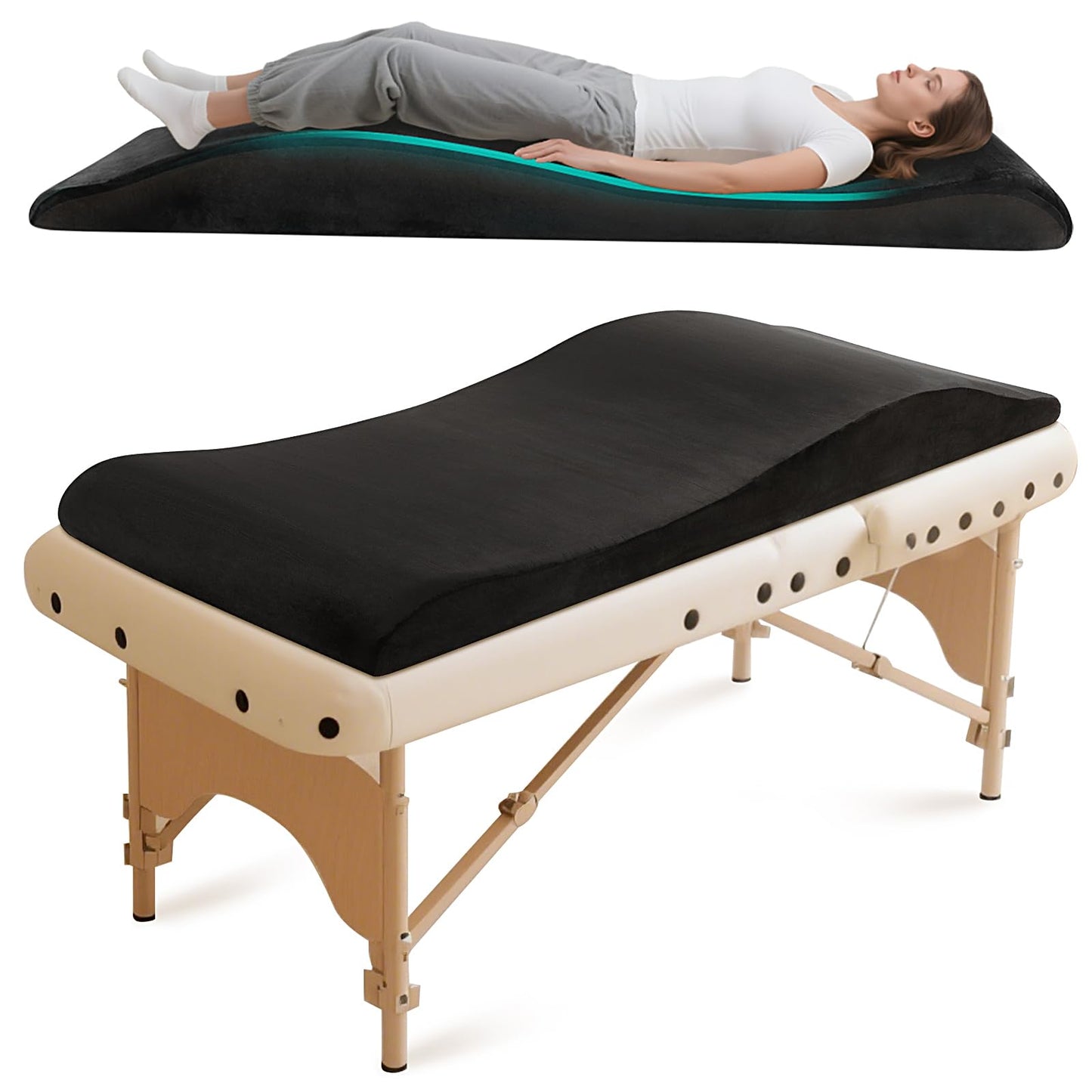 Massage Table Foam Topper – Curved Lash Bed Topper Memory Foam for Esthetician Bed & Spa Bed – Portable & Washable Cover, 70.8in×23.6in, Black