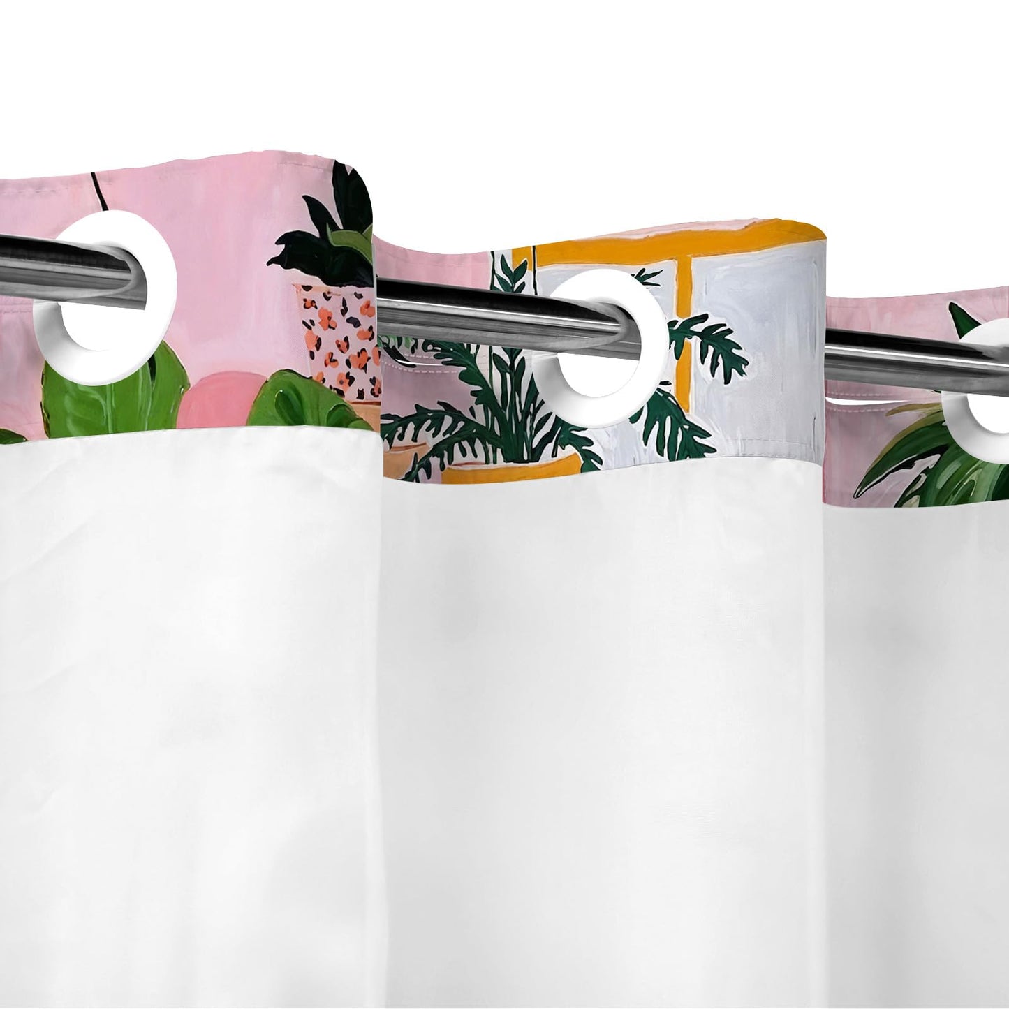 Fowocu No Hook Shower Curtain with Snap in Liner Funny Cat Shower Curtains for Bathroom Boho Cute Black Cats Matisse Green Tropical Plant Pink Orange Waterproof Fabric Bath Curtain Decor 71×74In