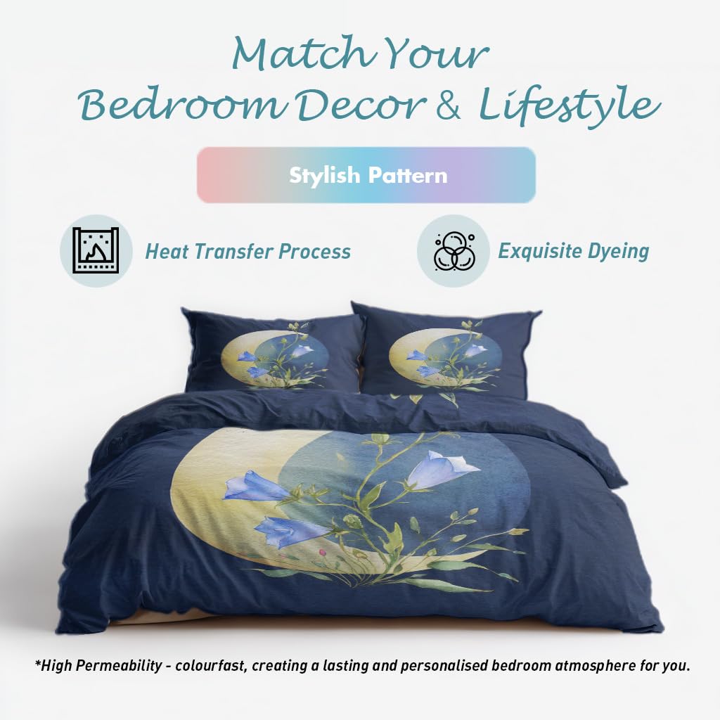 Aesthetic Flower Full Duvet Cover Set 3 Piece, Blue Floral Moon Reversible Bedding with 2 Pillow Shams, Zipper & Ties, Ultra Soft Microfiber, Flower Bedroom Decorations 74A-R