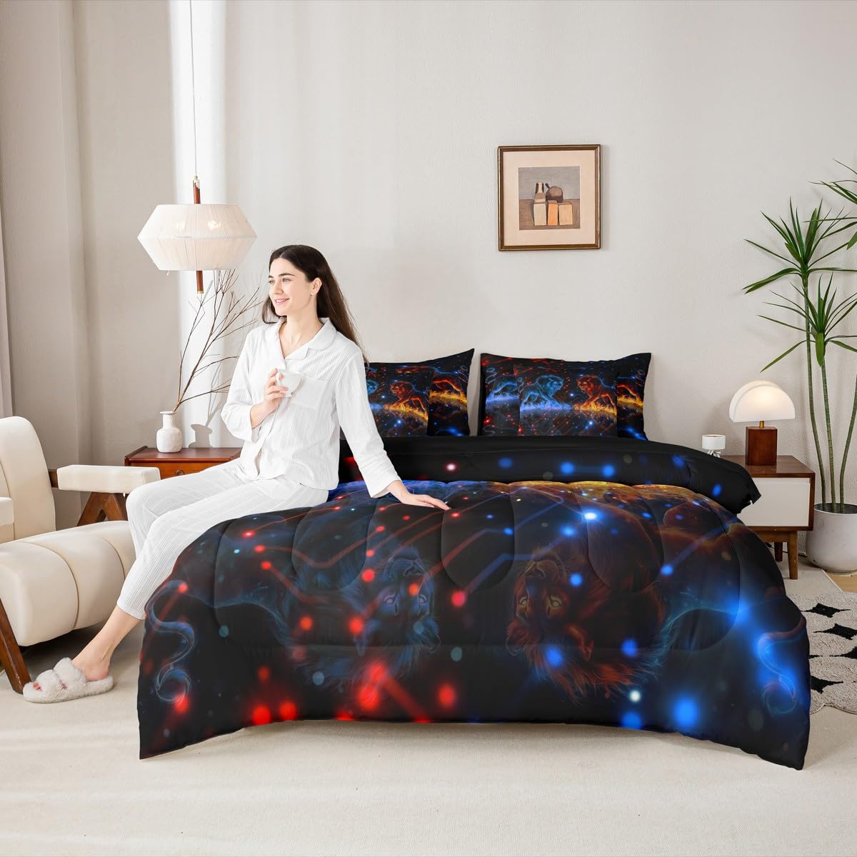 Lion Bed Set Wild Animal 7 Pieces Bedding Set for Kids Safari Print Bed in a Bag with Comforter, Sheets, Pillowcases Women Men Ultra Soft Decor Dot All Season Breathable Lightweight Twin Size
