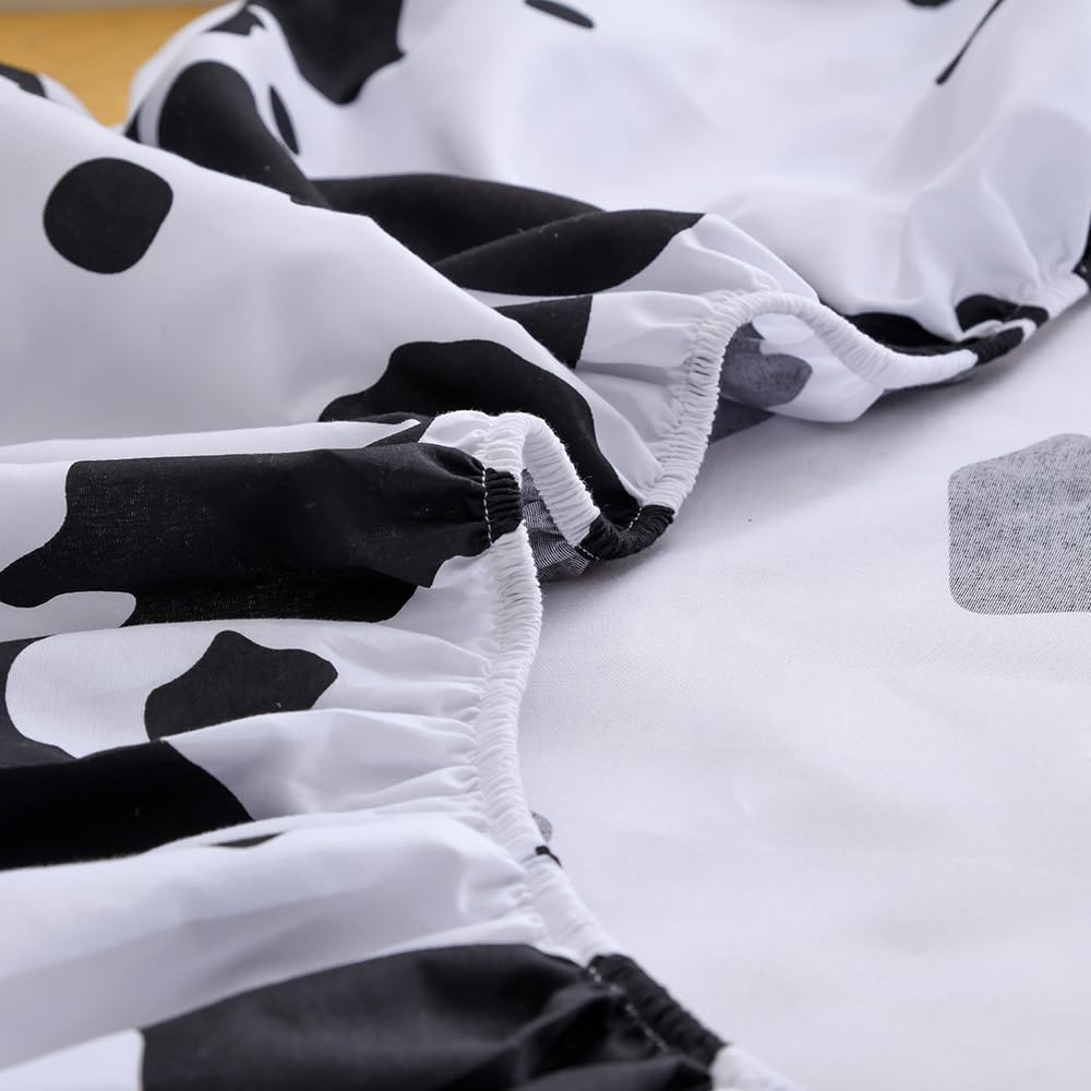 KWLOVER Cow Printed Bed Fitted Sheet and Pillowcases Set,White and Black Deep Pocket Fitted Sheet,Soft Kids Sheets for Twin Size Bed (White Cow, Twin)